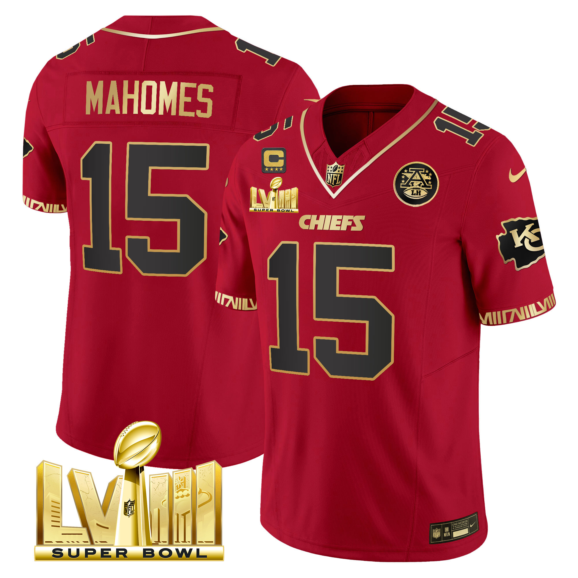 Patrick Mahomes Men's Kansas City Chiefs Super Bowl LVIII Pattern Gold Vapor Red Gold Jersey - All Stitched