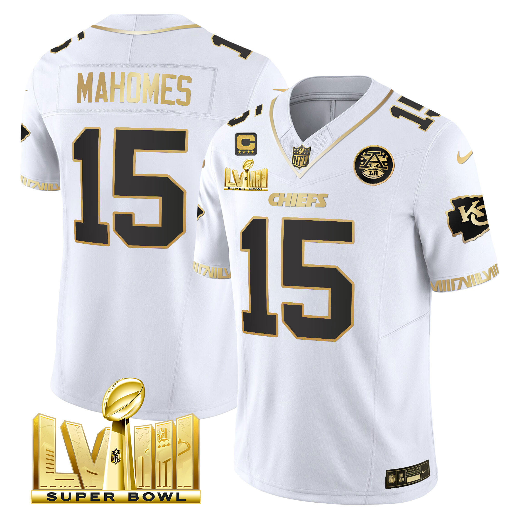 Patrick Mahomes Men's Kansas City Chiefs Super Bowl LVIII Pattern Gold Vapor White Gold Jersey - All Stitched