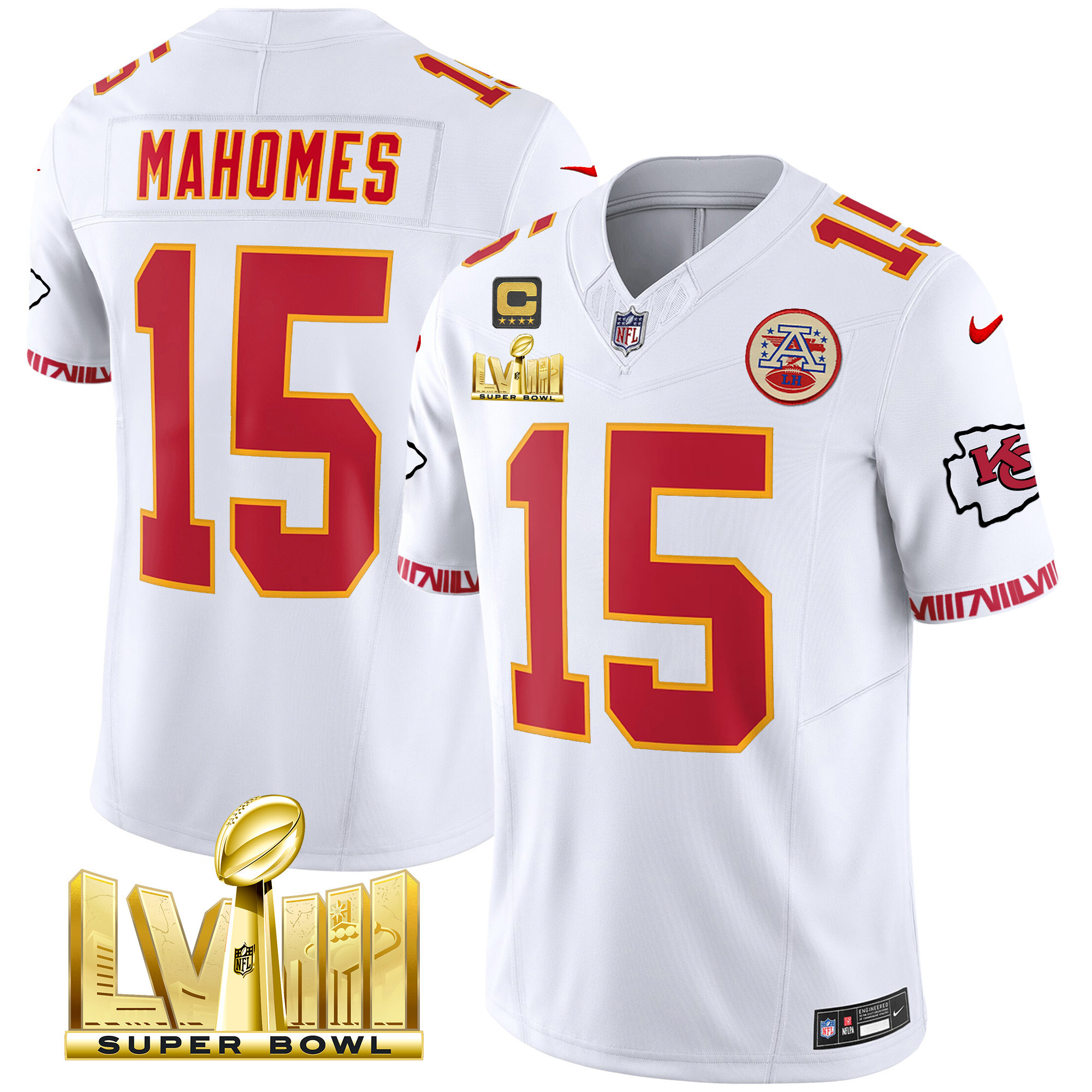 Patrick Mahomes Men's Kansas City Chiefs Super Bowl LVIII Pattern Gold Vapor White Jersey - All Stitched