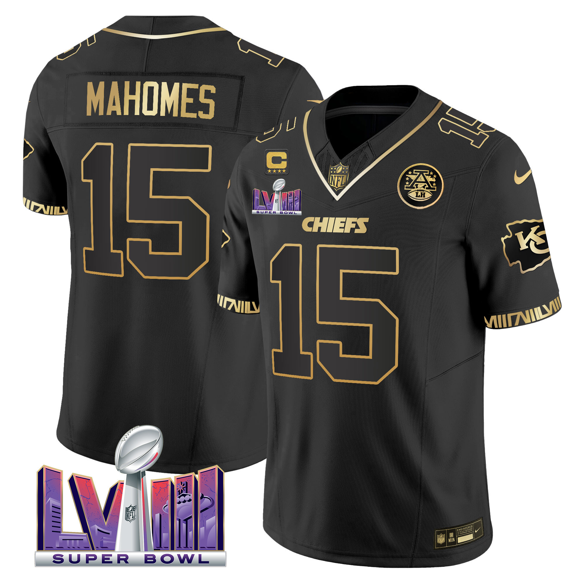 Patrick Mahomes Men's Kansas City Chiefs Super Bowl LVIII Pattern Vapor Black Gold Jersey - All Stitched
