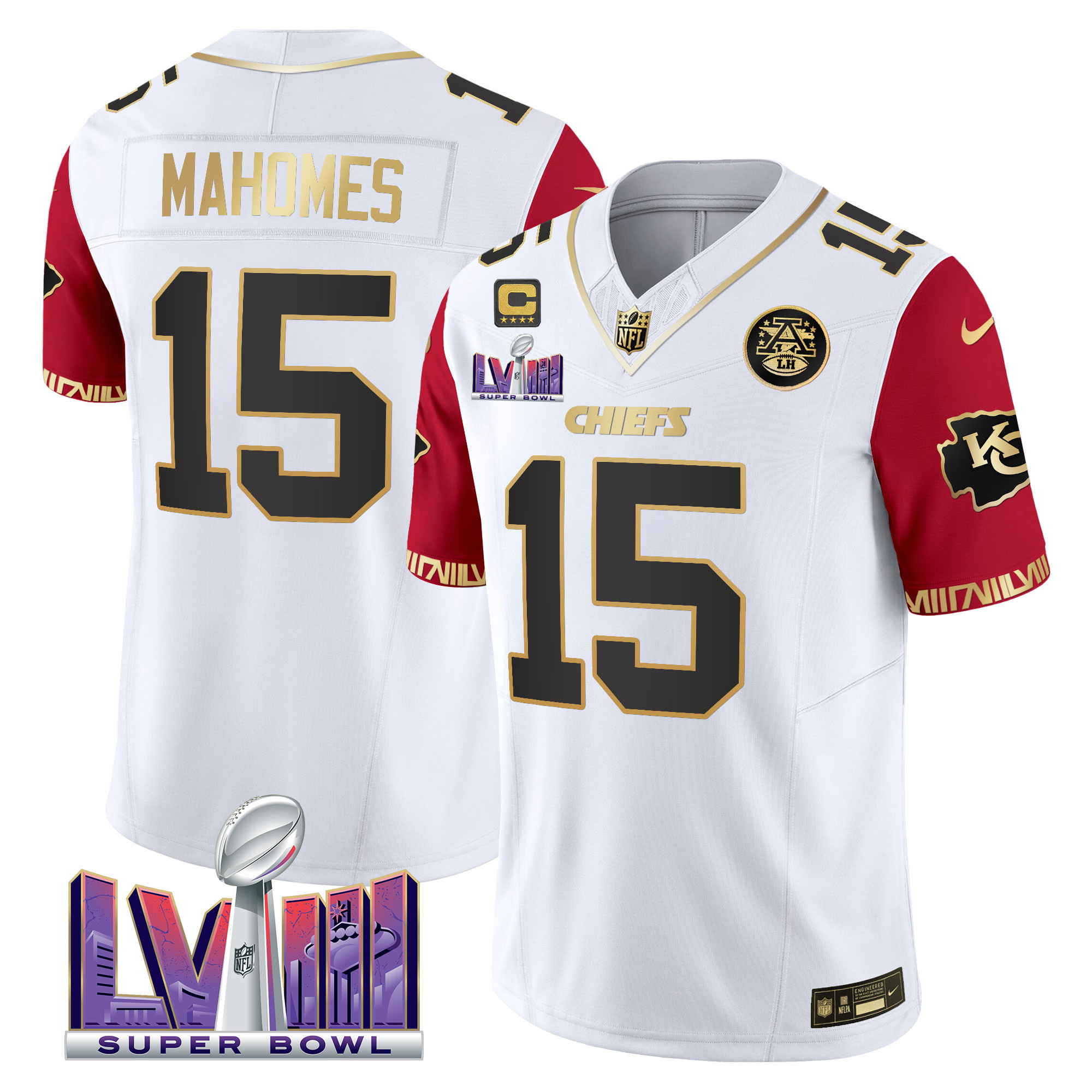 Patrick Mahomes Men's Kansas City Chiefs Super Bowl LVIII Pattern Vapor Color Sleeves Jersey - All Stitched