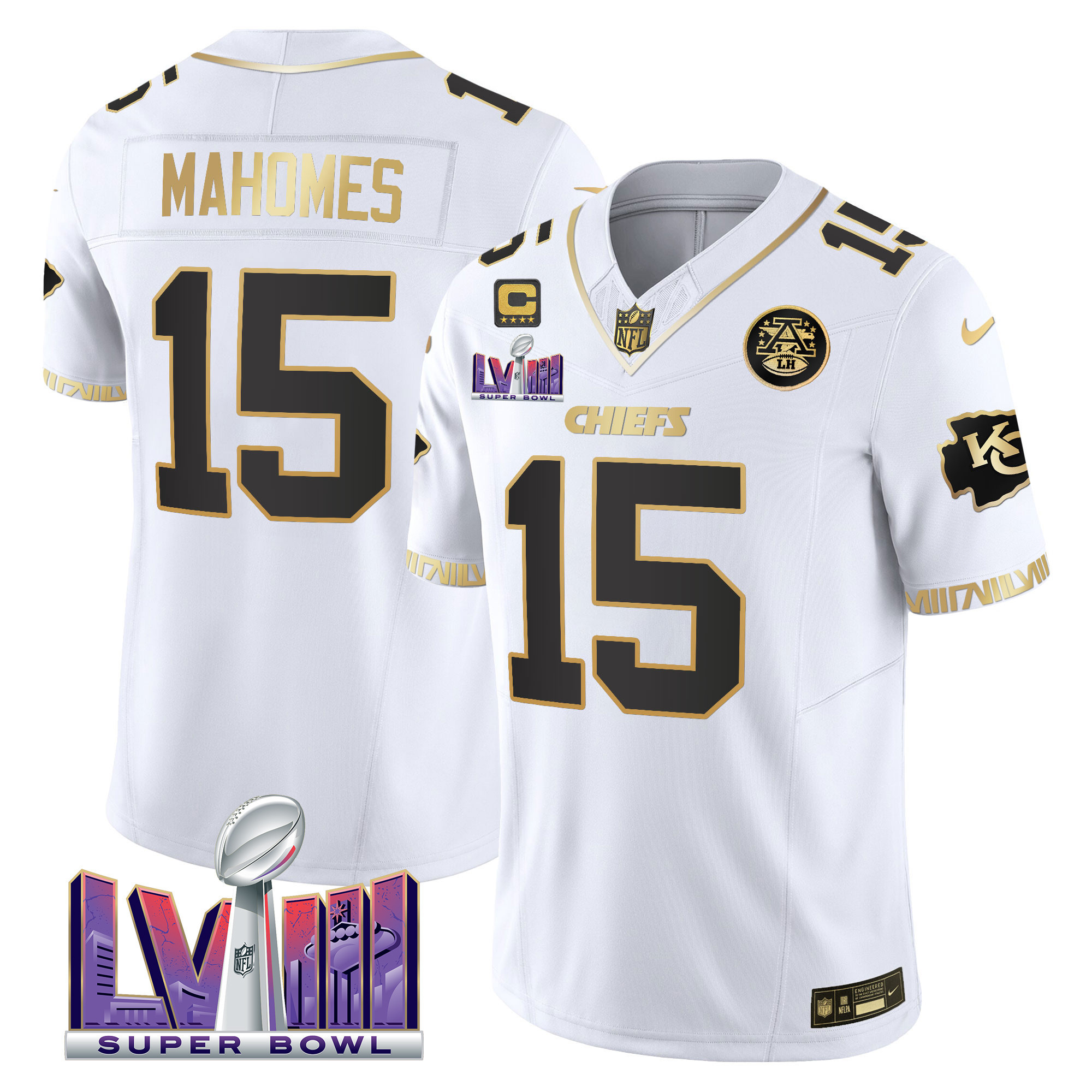Patrick Mahomes Men's Kansas City Chiefs Super Bowl LVIII Pattern Vapor White Gold Jersey - All Stitched