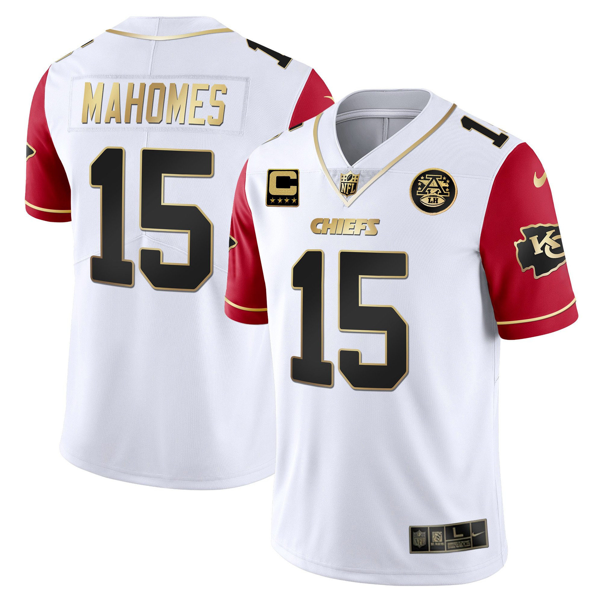 Patrick Mahomes Men's Kansas City Chiefs White Gold & Black Gold - All Stitched Red Sleeves Jersey - All Stitched