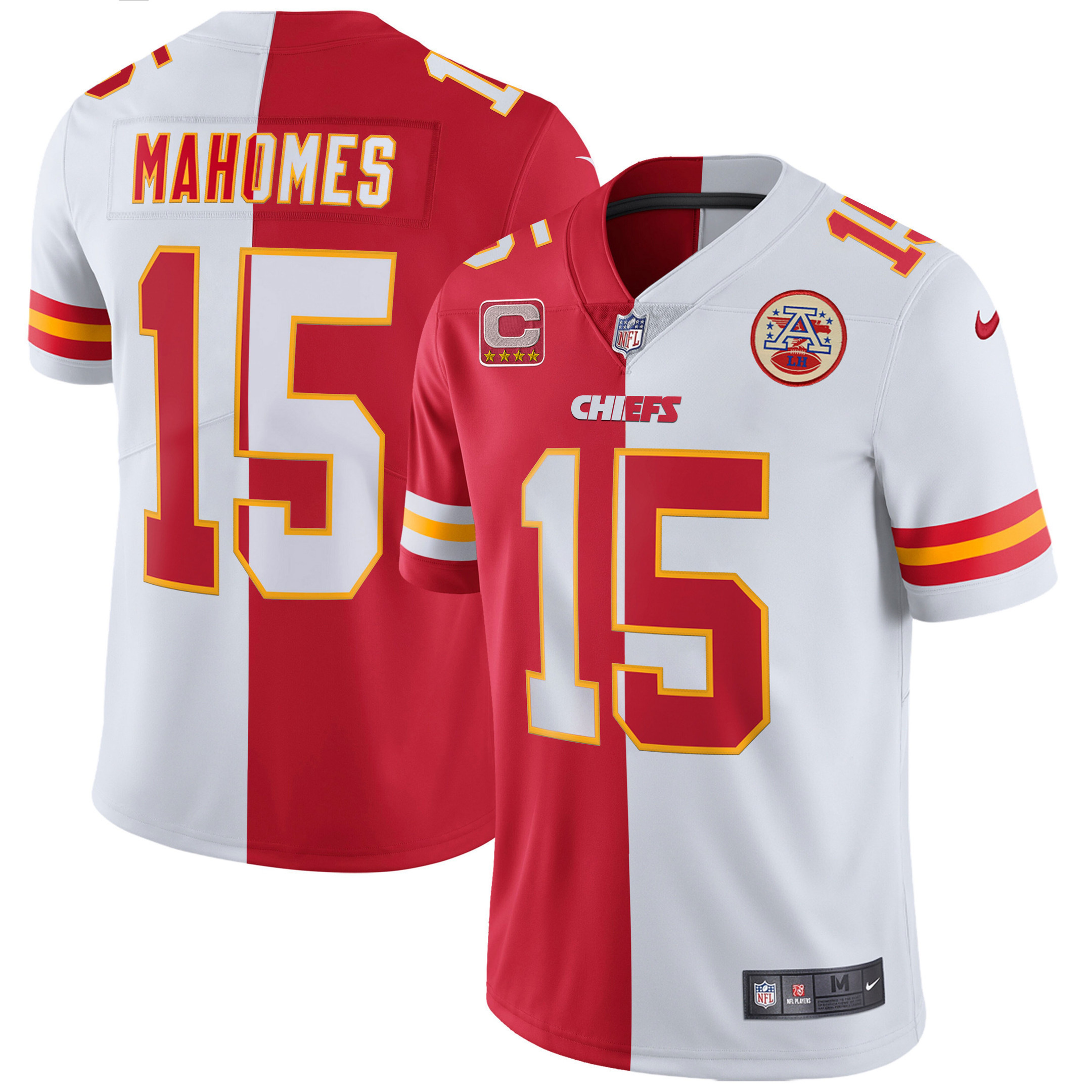 Patrick Mahomes Men's Kansas City Chiefs White Gold & Black Gold - All Stitched Split Jersey - All Stitched