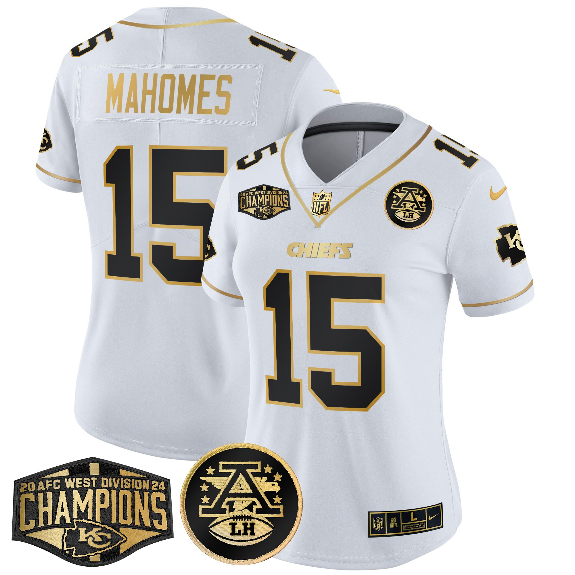 Patrick Mahomes Women's Kansas City Chiefs 2024 AFC West Division Champions Patch Gold Vapor Limited White Gold Jersey - All Stitched