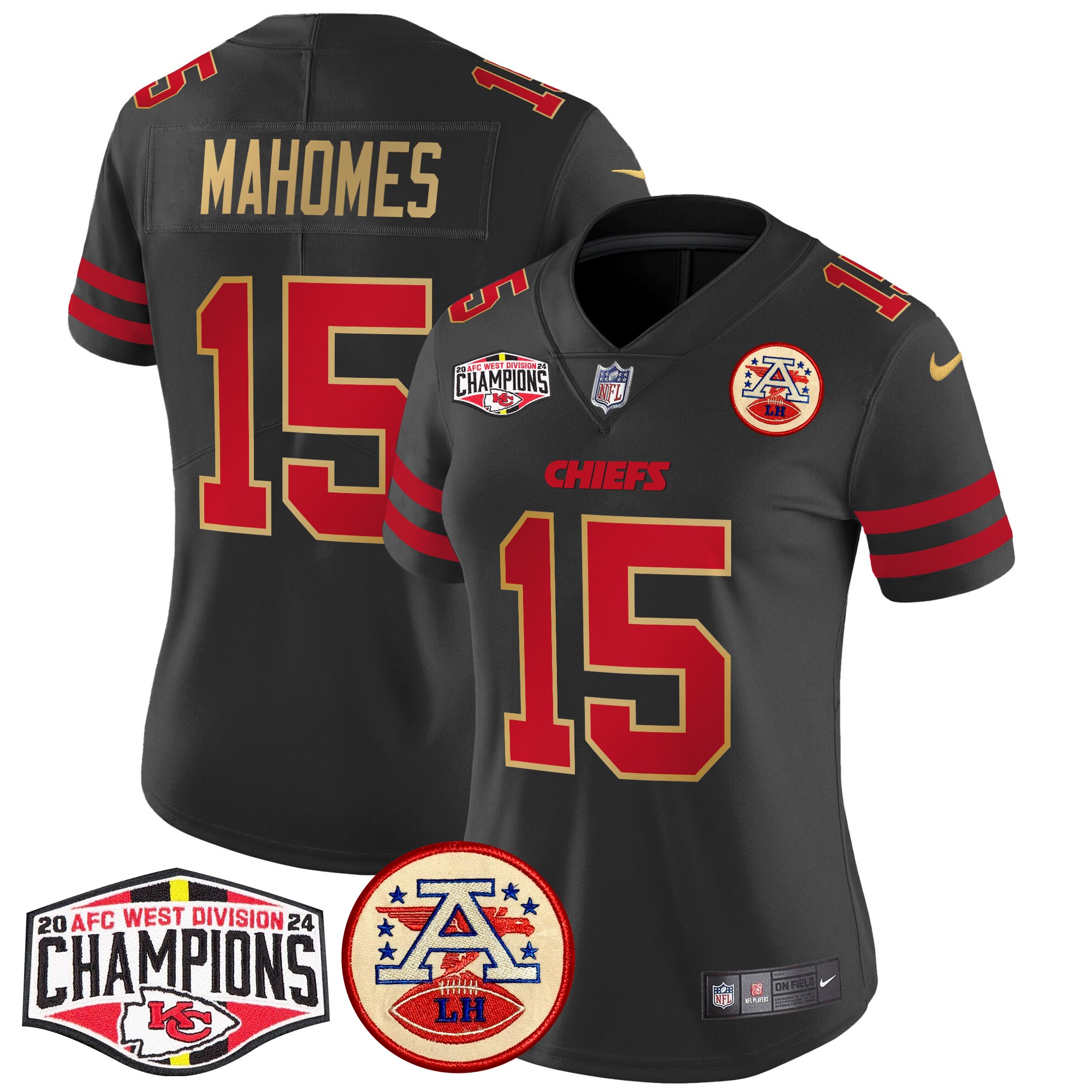 Patrick Mahomes Women's Kansas City Chiefs 2024 AFC West Division Champions Patch Vapor Limited Gold Trim Jersey - All Stitched