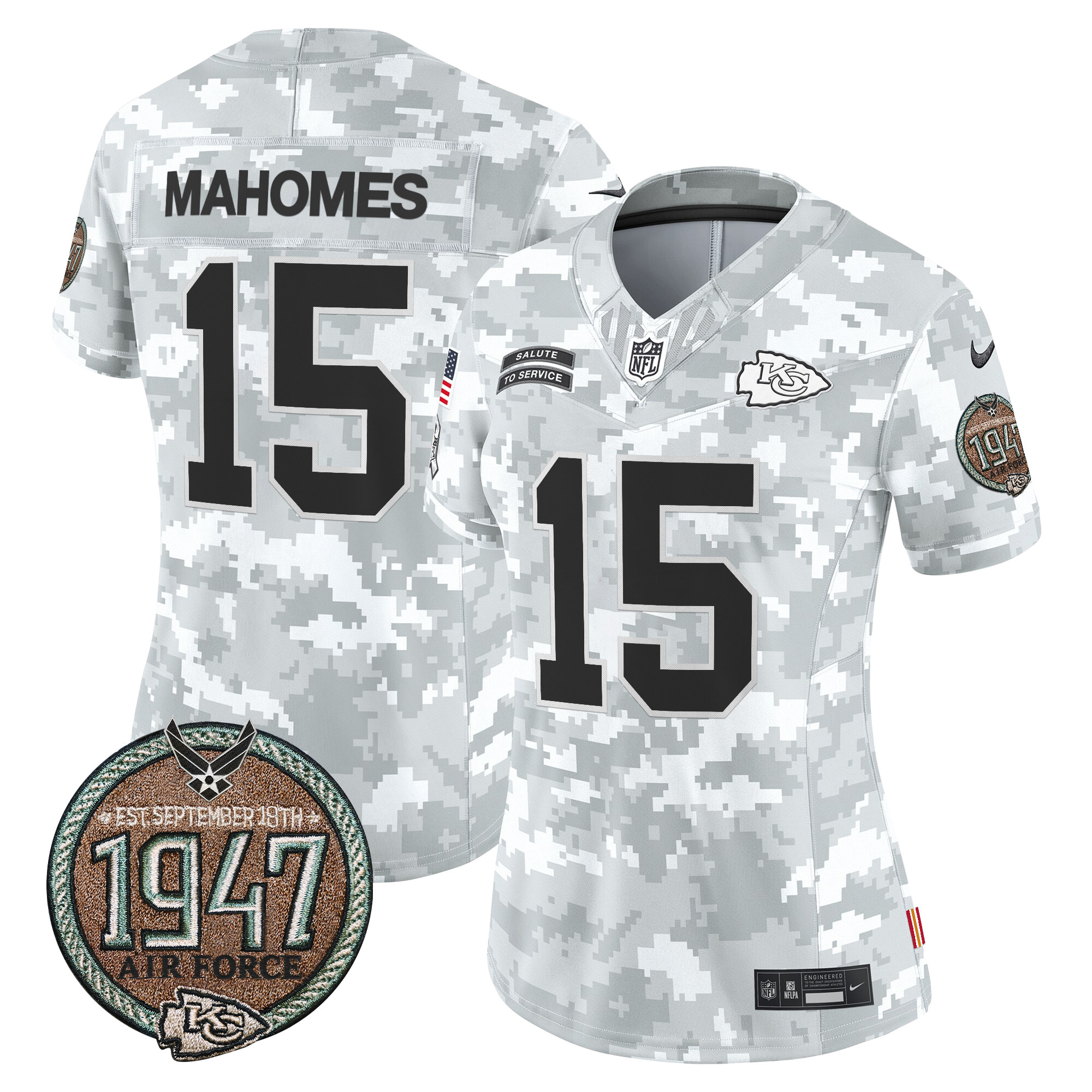 Patrick Mahomes Women's Kansas City Chiefs 2024 Salute to Service Establishment Year Patch Vapor Limited Air Force Jersey - All Stitched