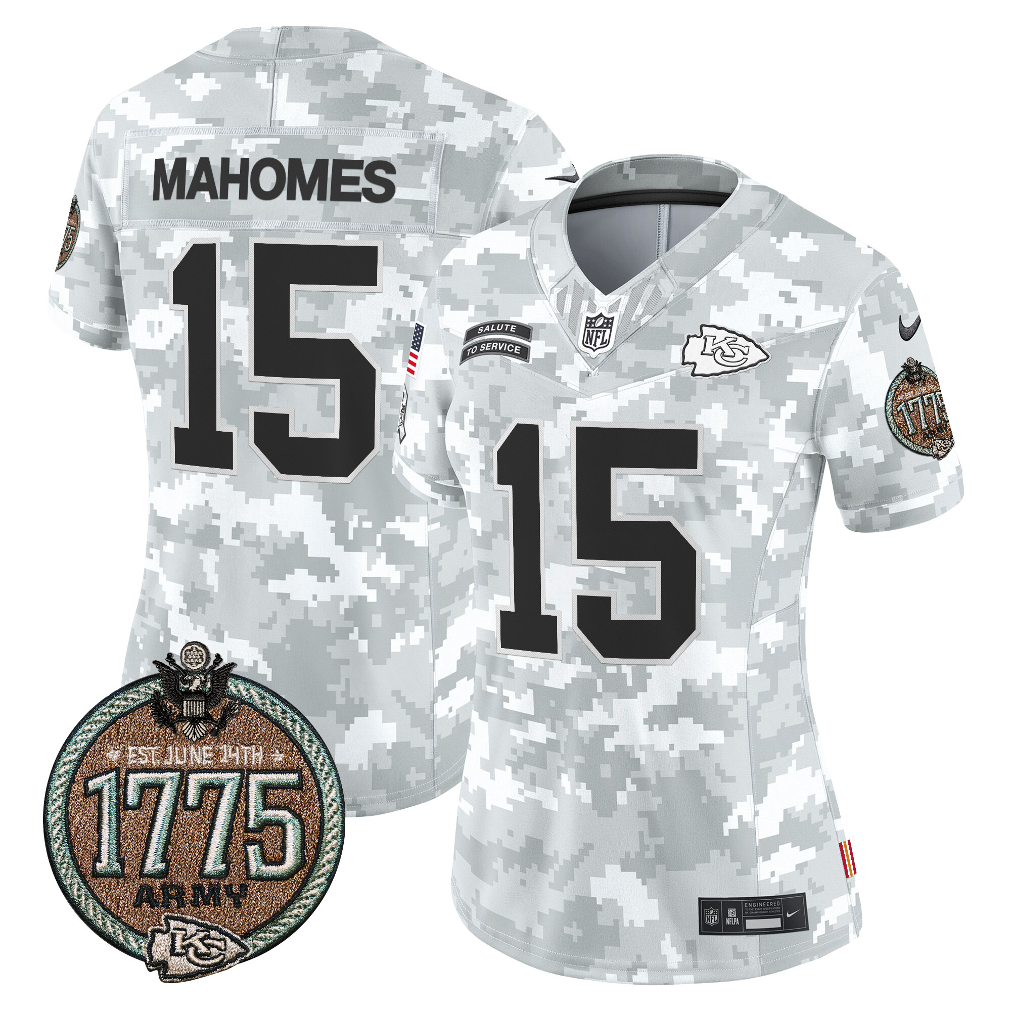 Patrick Mahomes Women's Kansas City Chiefs 2024 Salute to Service Establishment Year Patch Vapor Limited Army Jersey - All Stitched
