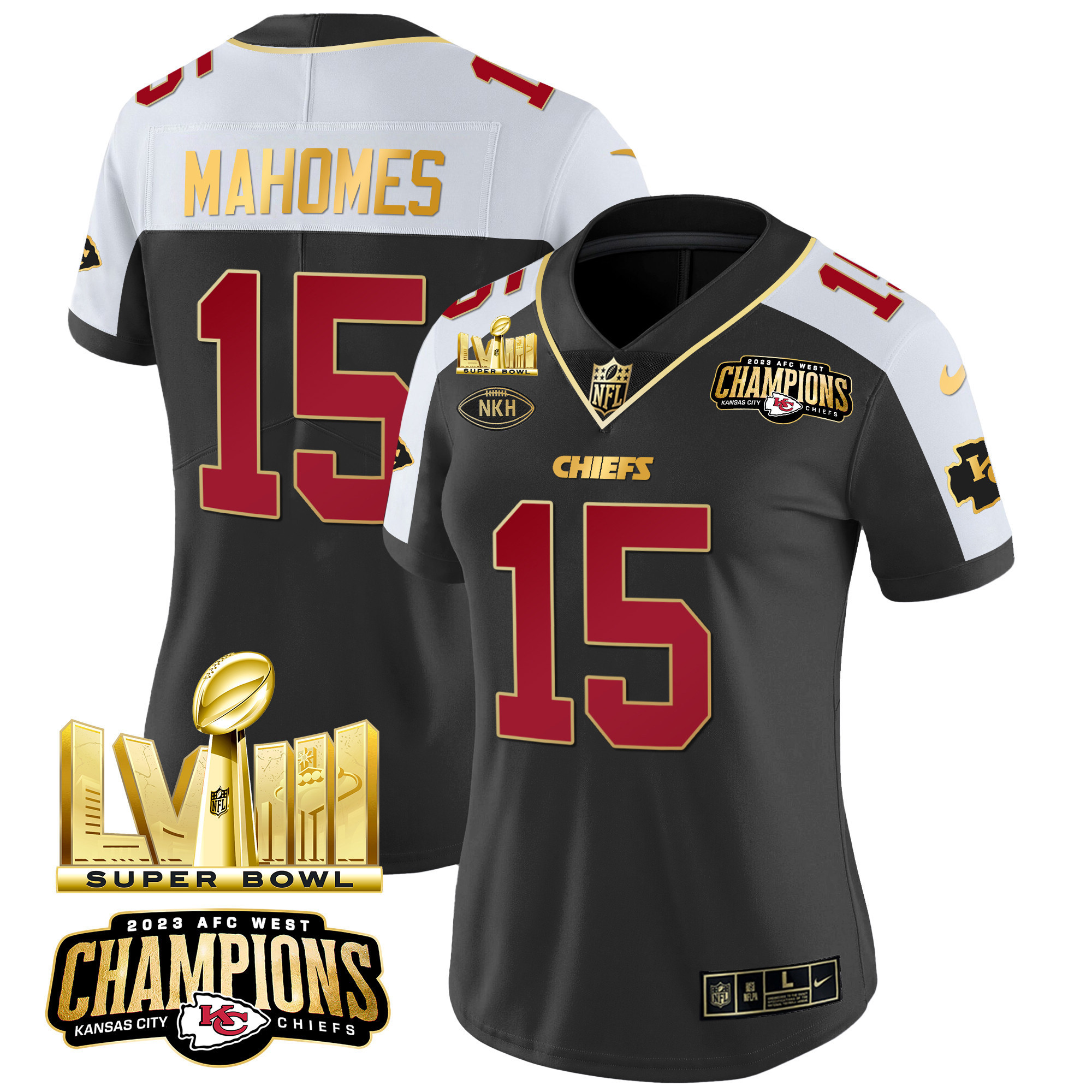 Patrick Mahomes Women's Kansas City Chiefs AFC West Champions & Super Bowl LVIII Gold Patch Vapor Black Alternate Jersey - All Stitched