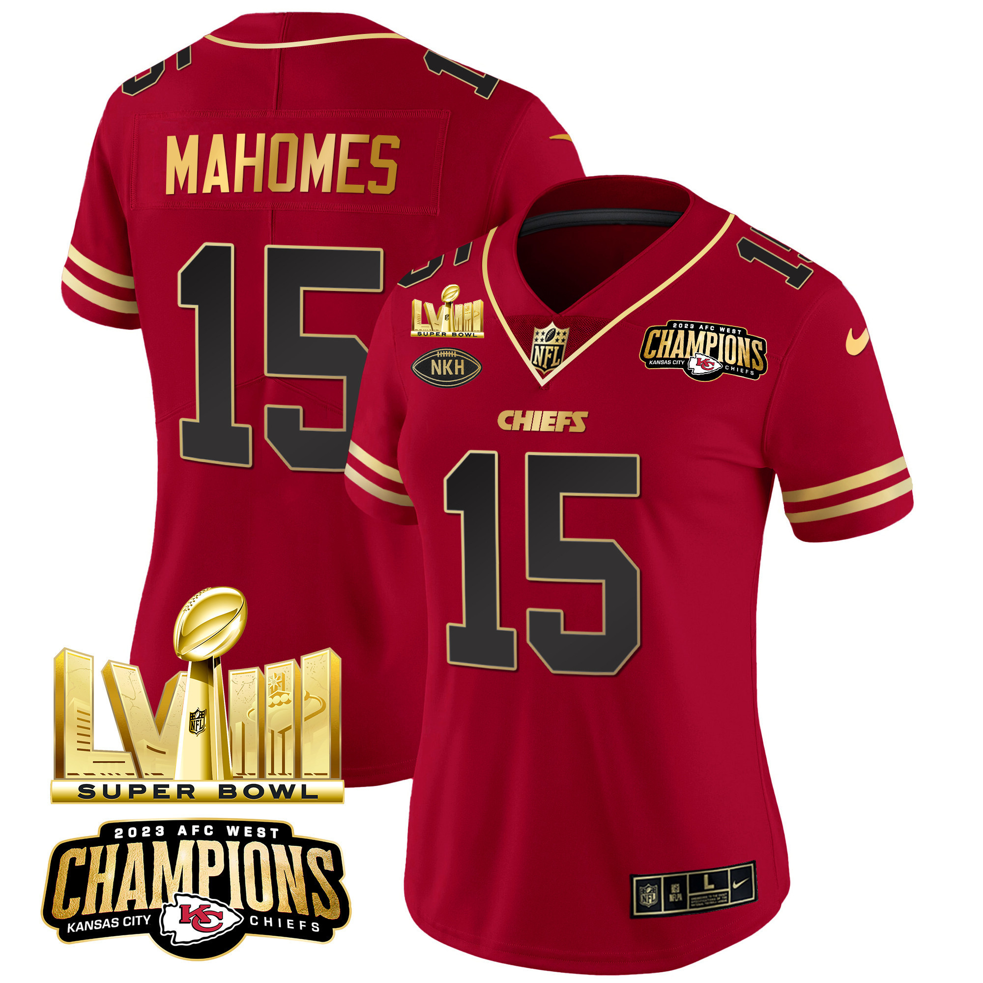 Patrick Mahomes Women's Kansas City Chiefs AFC West Champions & Super Bowl LVIII Gold Patch Vapor Black Red Jersey - All Stitched