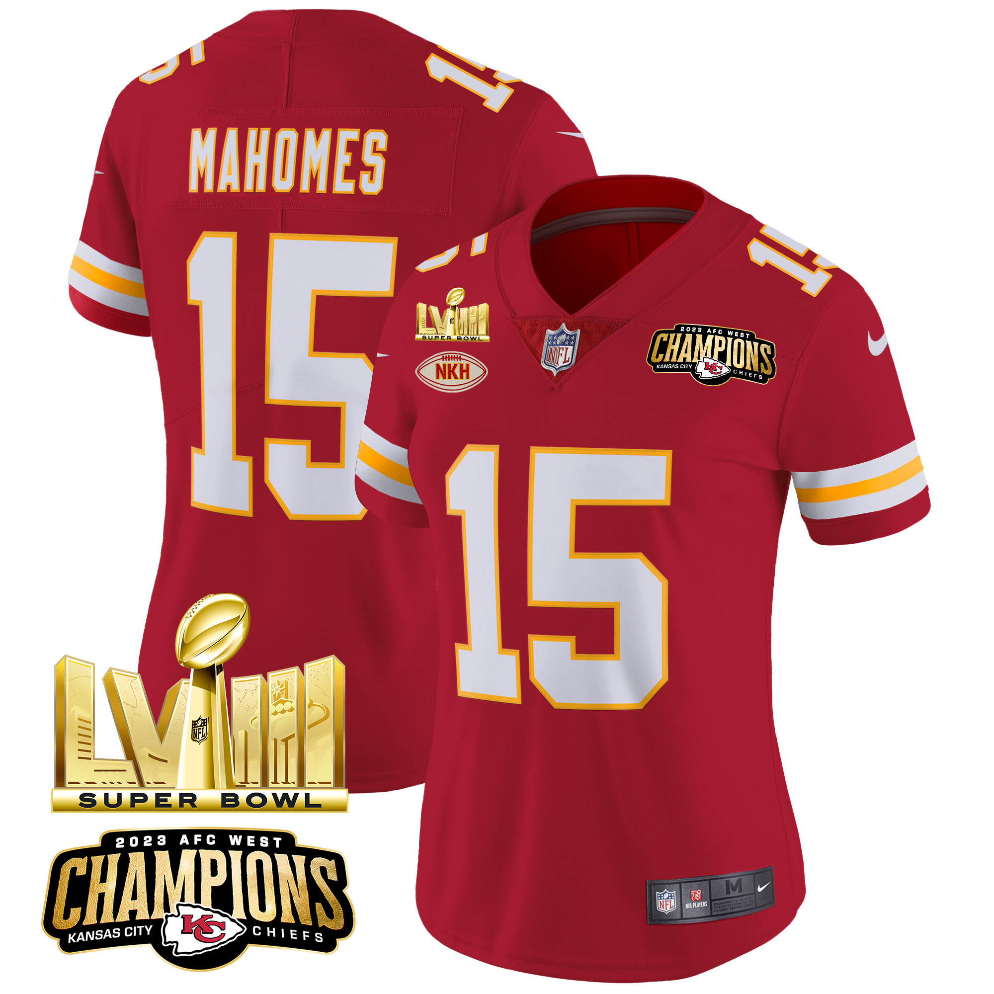 Patrick Mahomes Women's Kansas City Chiefs AFC West Champions & Super Bowl LVIII Gold Patch Vapor Red Jersey - All Stitched