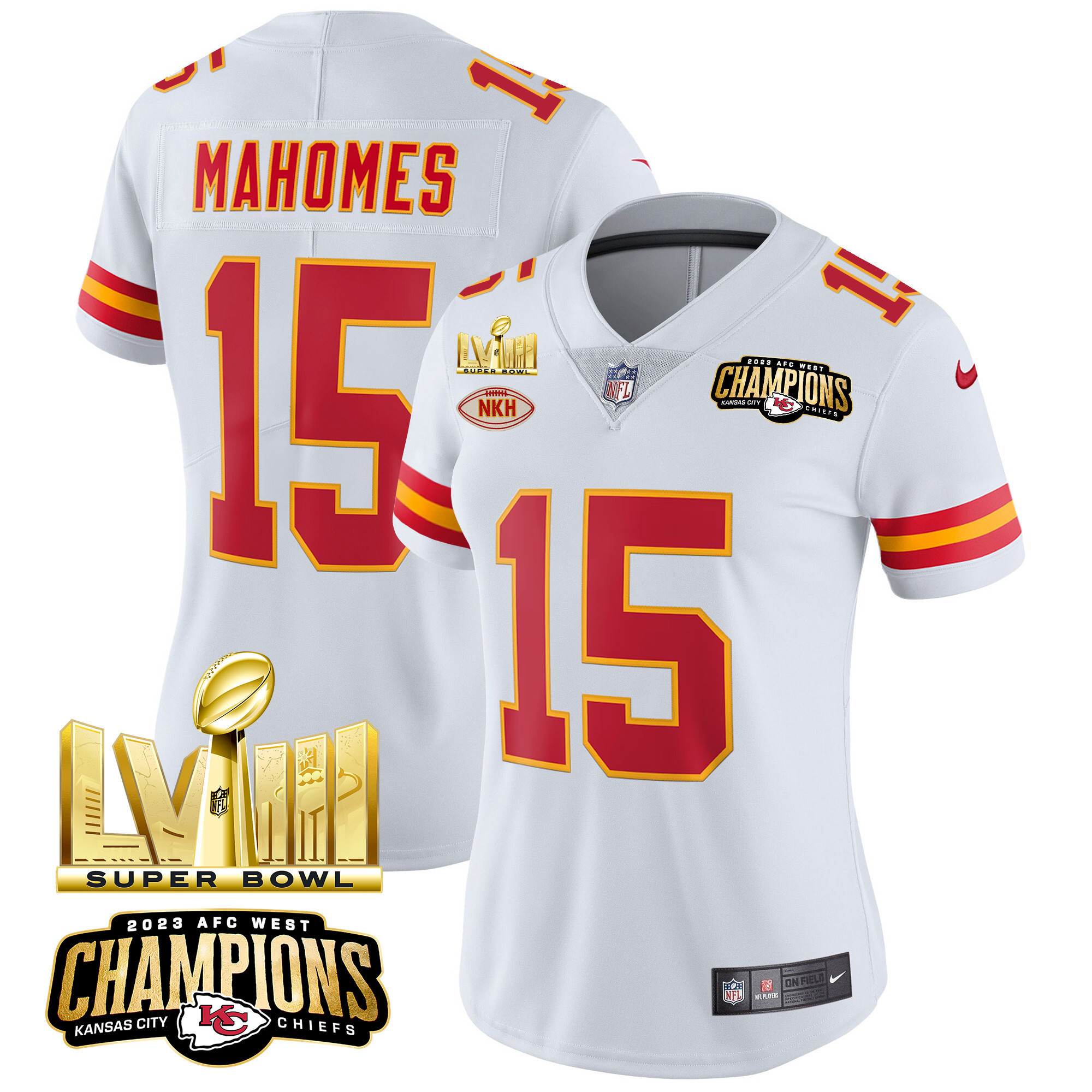 Patrick Mahomes Women's Kansas City Chiefs AFC West Champions & Super Bowl LVIII Gold Patch Vapor White Jersey - All Stitched