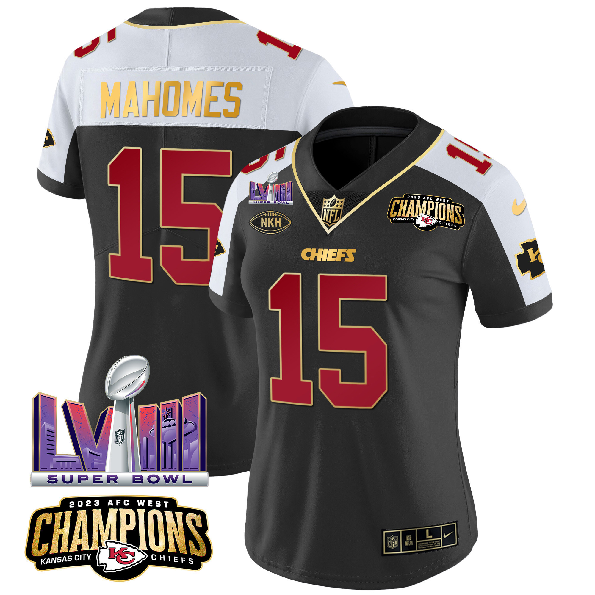 Patrick Mahomes Women's Kansas City Chiefs AFC West Champions & Super Bowl LVIII Patch Vapor Black Alternate Jersey - All Stitched