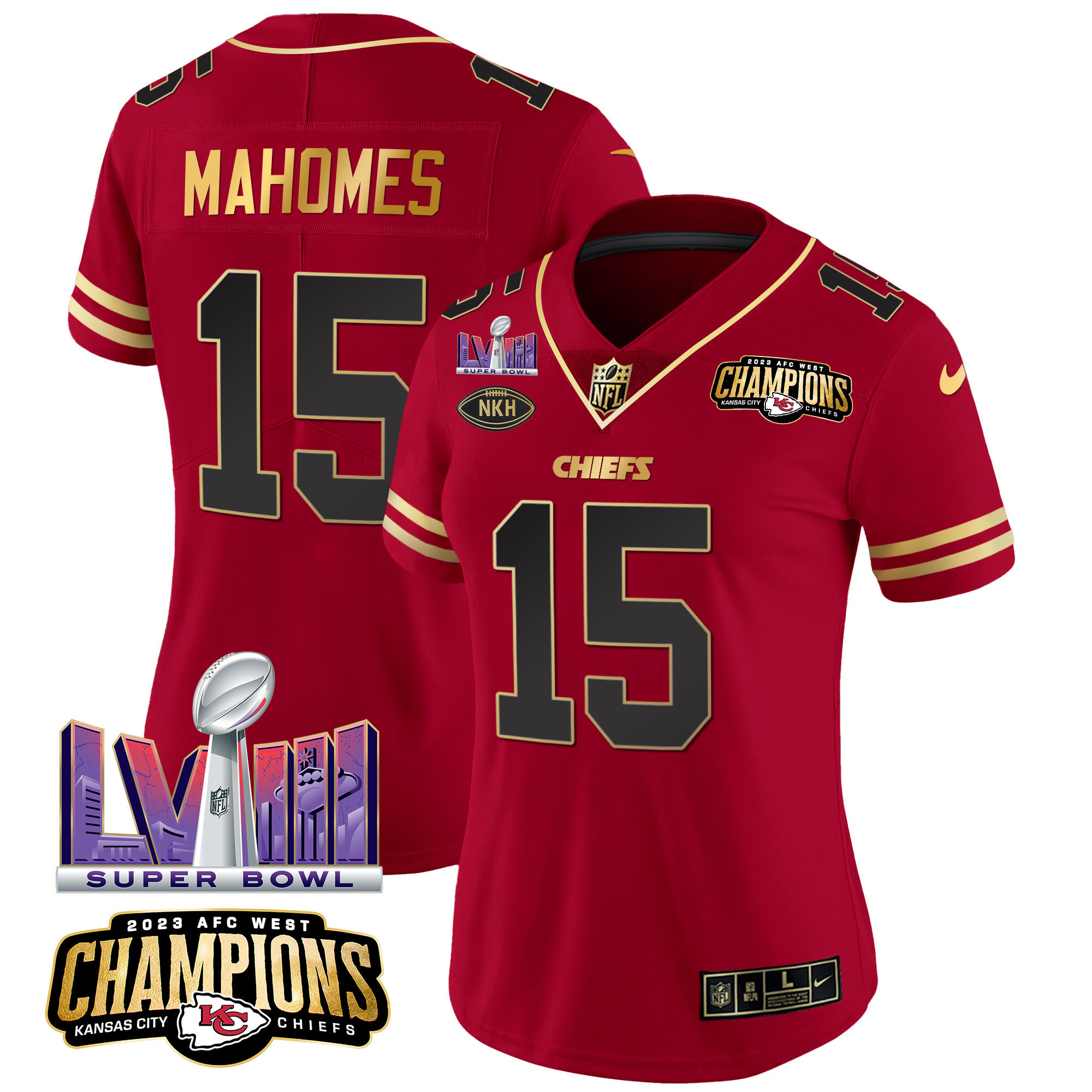 Patrick Mahomes Women's Kansas City Chiefs AFC West Champions & Super Bowl LVIII Patch Vapor Black Red Jersey - All Stitched
