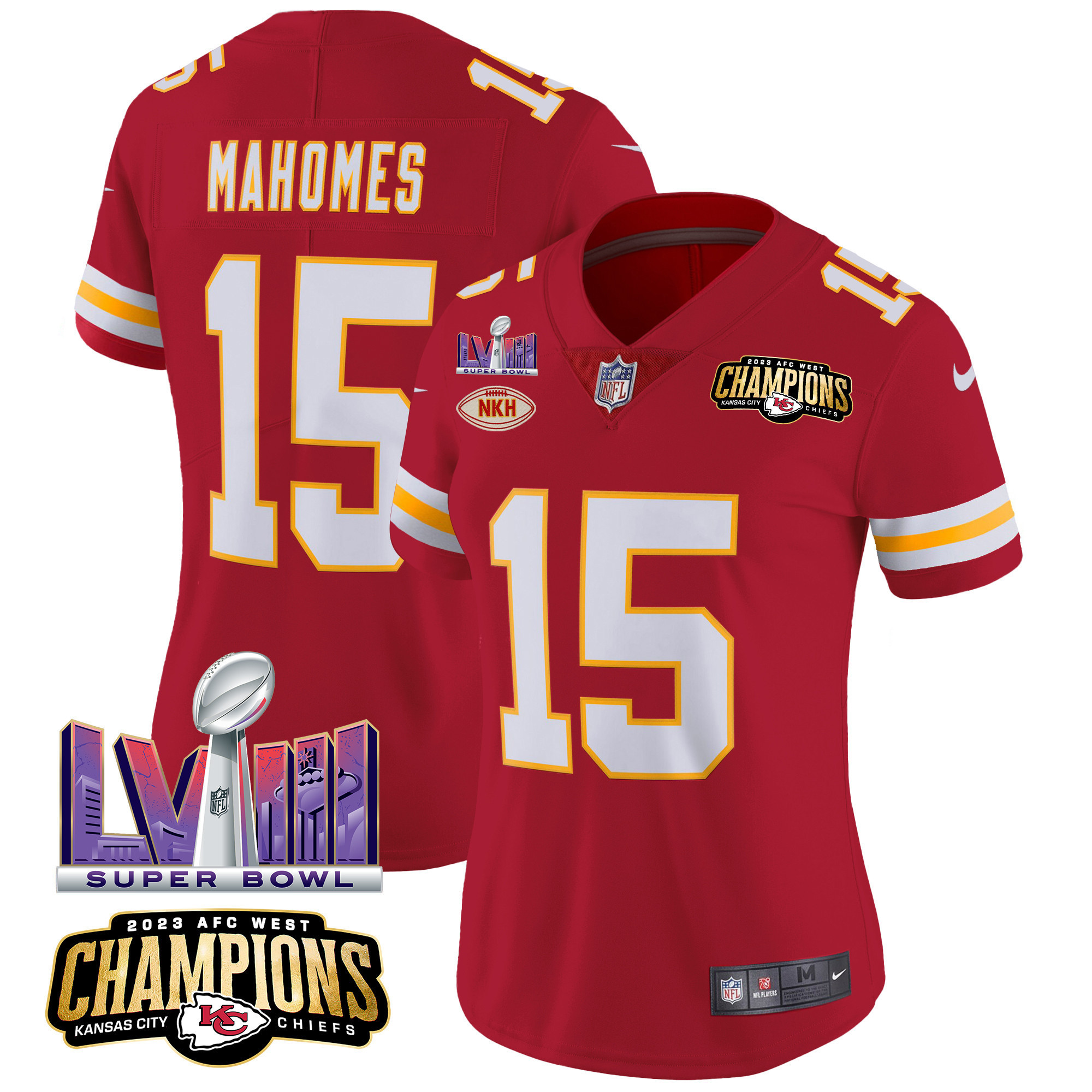Patrick Mahomes Women's Kansas City Chiefs AFC West Champions & Super Bowl LVIII Patch Vapor Red Jersey - All Stitched
