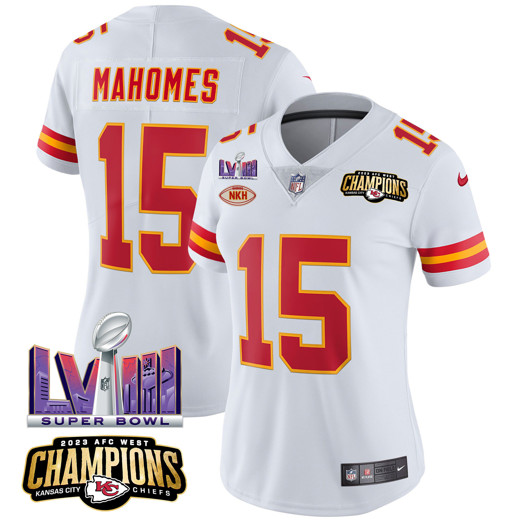 Patrick Mahomes Women's Kansas City Chiefs AFC West Champions & Super Bowl LVIII Patch Vapor White Jersey - All Stitched