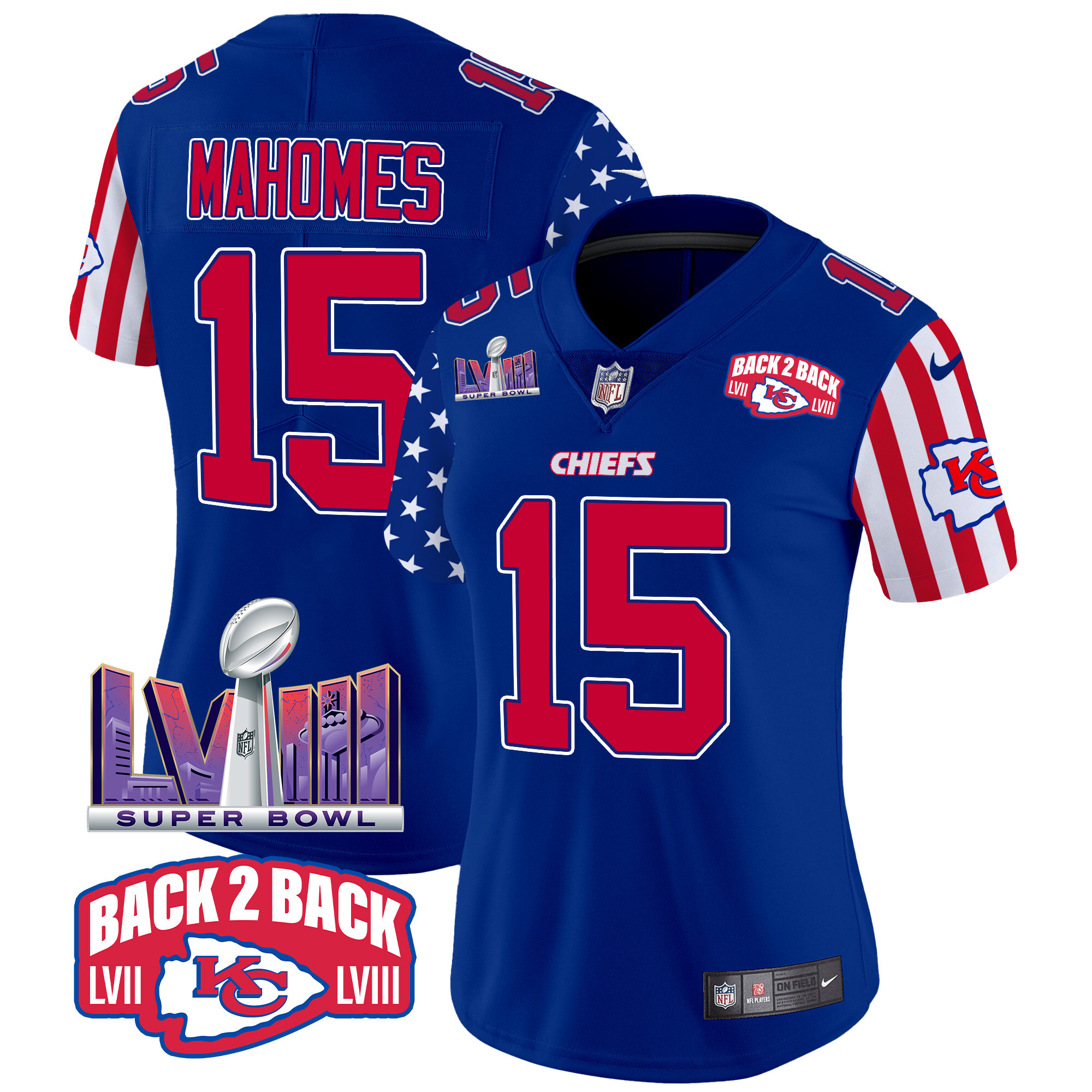 Patrick Mahomes Women's Kansas City Chiefs American Style Vapor Limited Royal Jersey - All Stitched