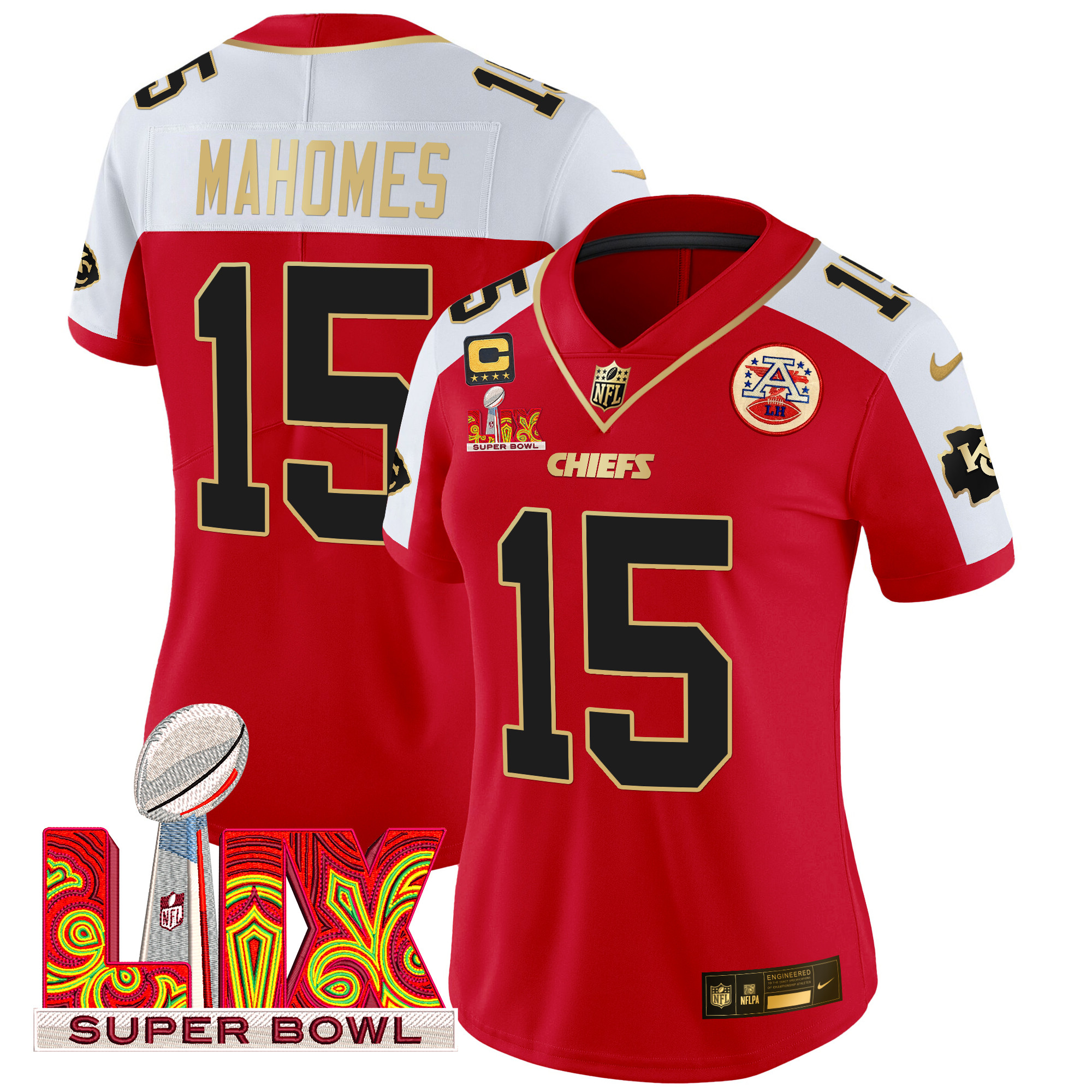 Patrick Mahomes Women's Kansas City Chiefs Super Bowl LIX Patch Gold Trim Vapor Limited Red Alternate Jersey - All Stitched