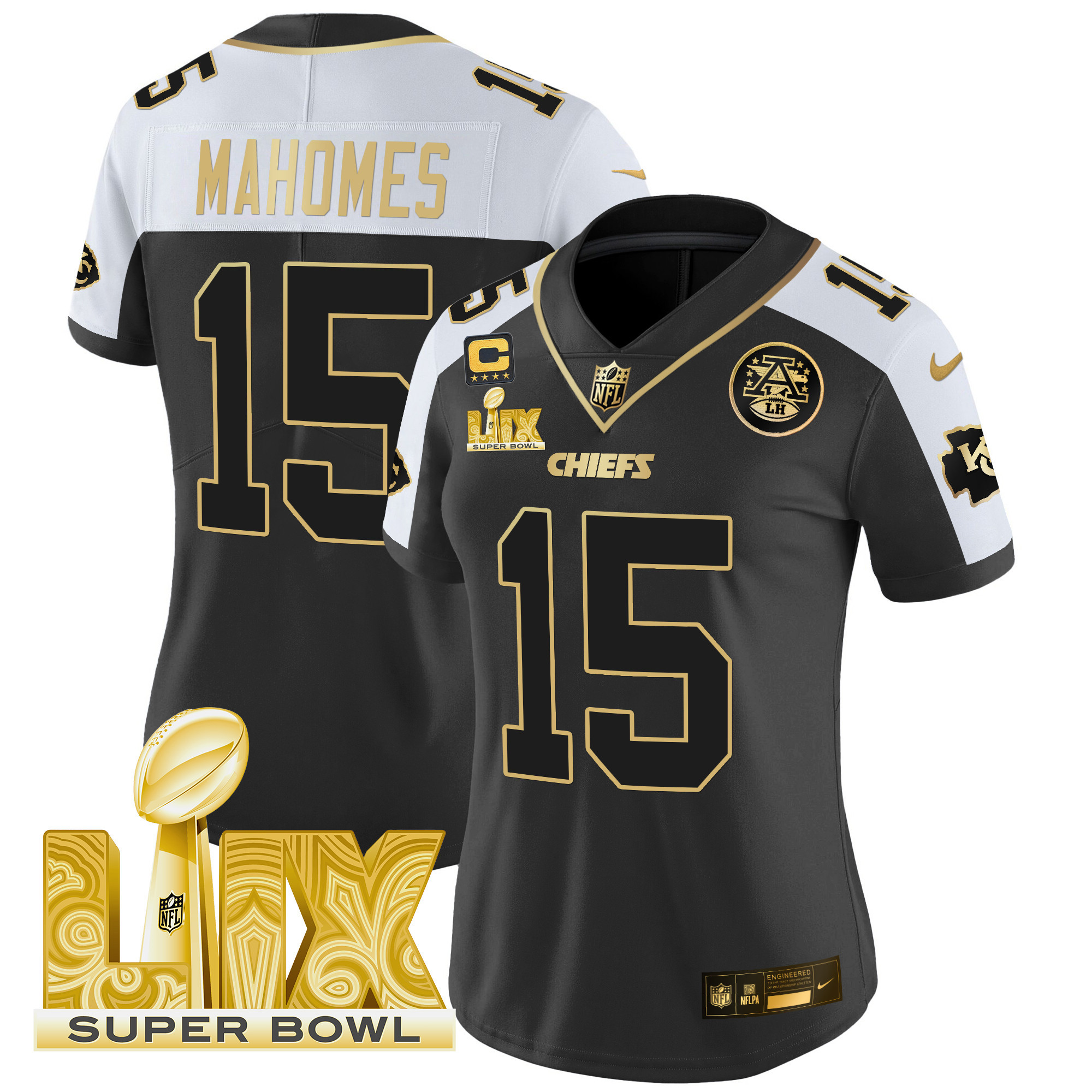 Patrick Mahomes Women's Kansas City Chiefs Super Bowl LIX Patch Gold Vapor Limited Alternate Jersey - All Stitched