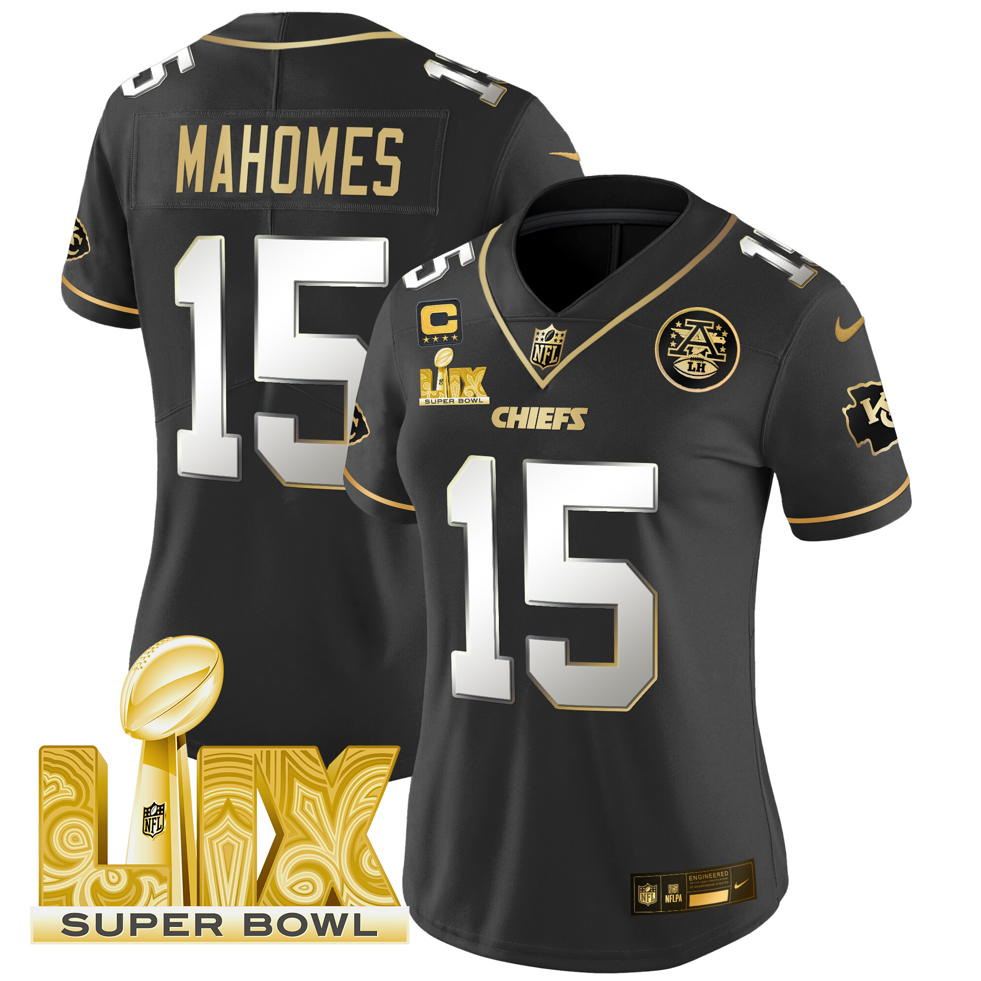 Patrick Mahomes Women's Kansas City Chiefs Super Bowl LIX Patch Gold Vapor Limited Black Limited Jersey - All Stitched