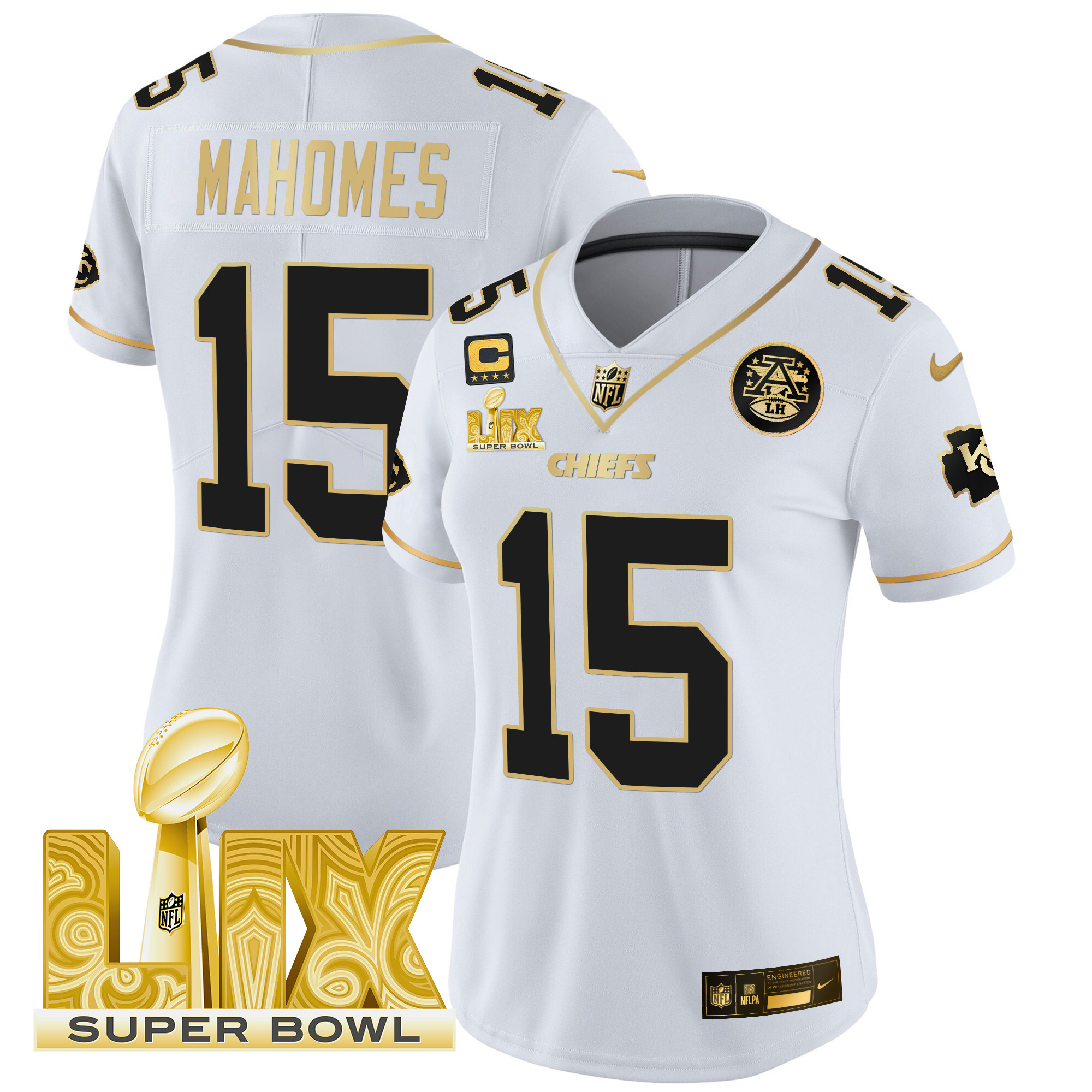 Patrick Mahomes Women's Kansas City Chiefs Super Bowl LIX Patch Gold Vapor Limited White Gold Jersey - All Stitched