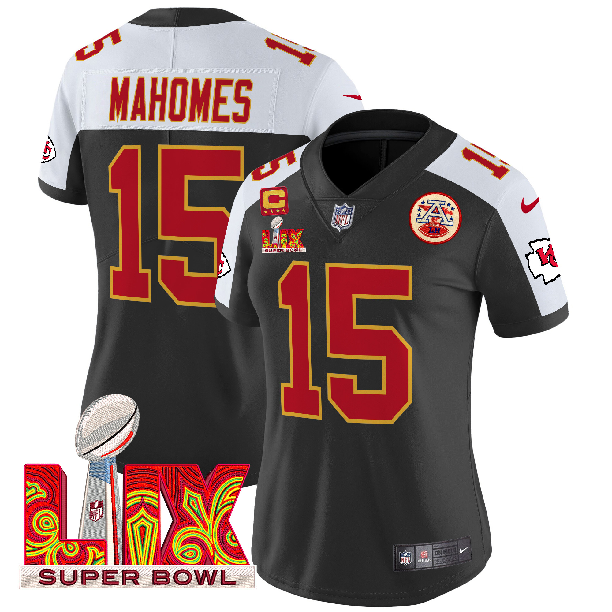 Patrick Mahomes Women's Kansas City Chiefs Super Bowl LIX Patch Vapor Limited Black Alternate Jersey - All Stitched