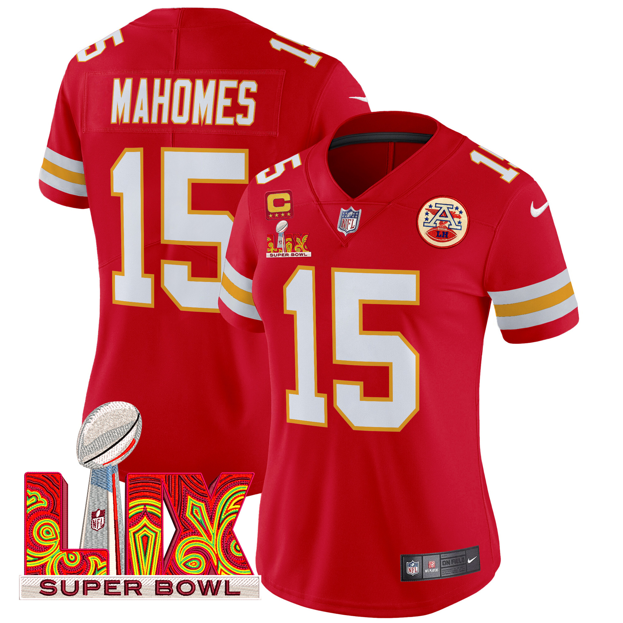 Patrick Mahomes Women's Kansas City Chiefs Super Bowl LIX Patch Vapor Limited Red Jersey - All Stitched