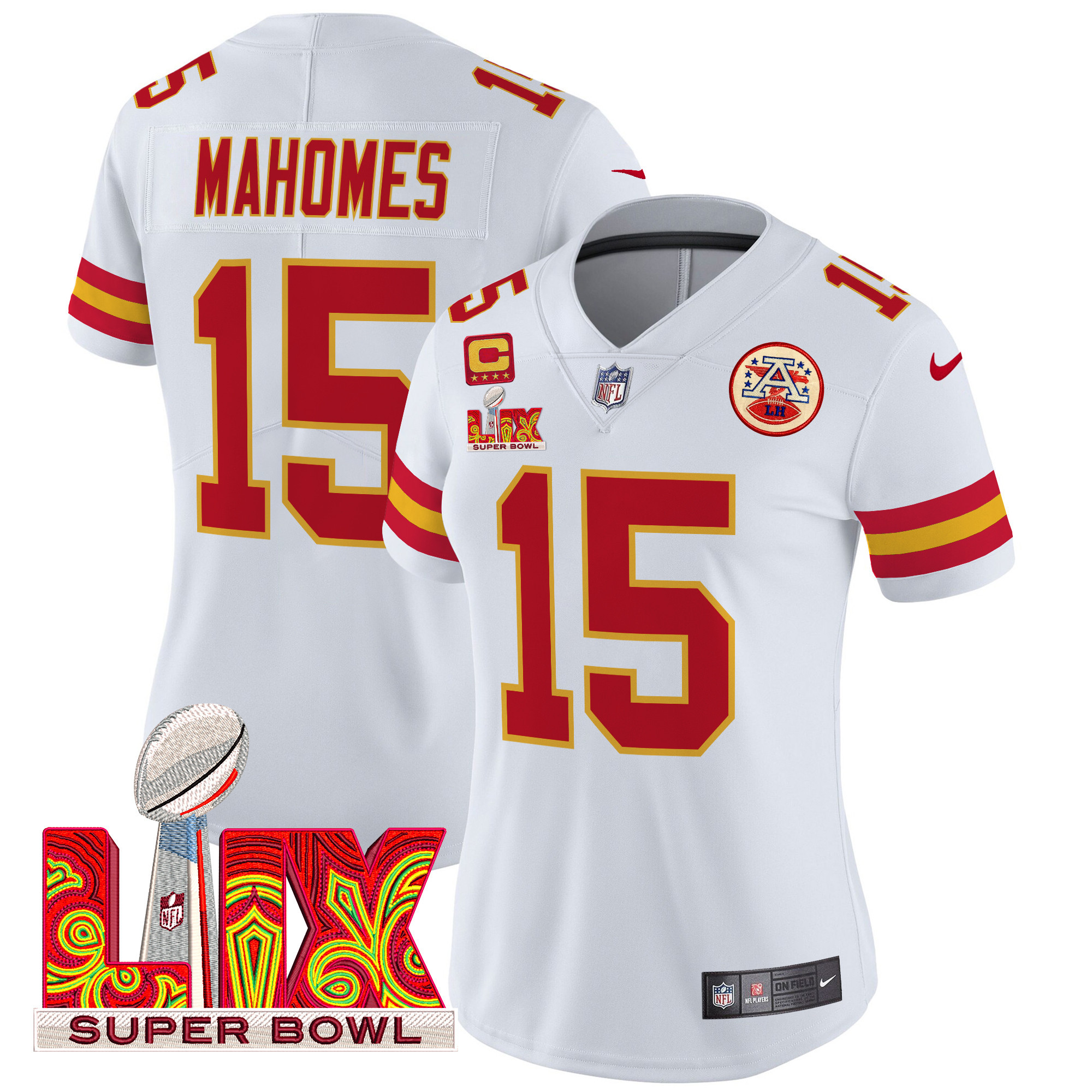 Patrick Mahomes Women's Kansas City Chiefs Super Bowl LIX Patch Vapor Limited White Jersey - All Stitched