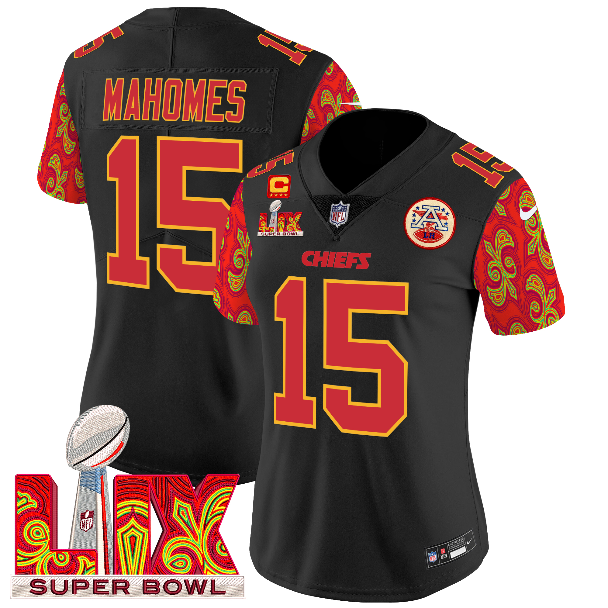 Patrick Mahomes Women's Kansas City Chiefs Super Bowl LIX Style Vapor Limited Black Jersey - All Stitched