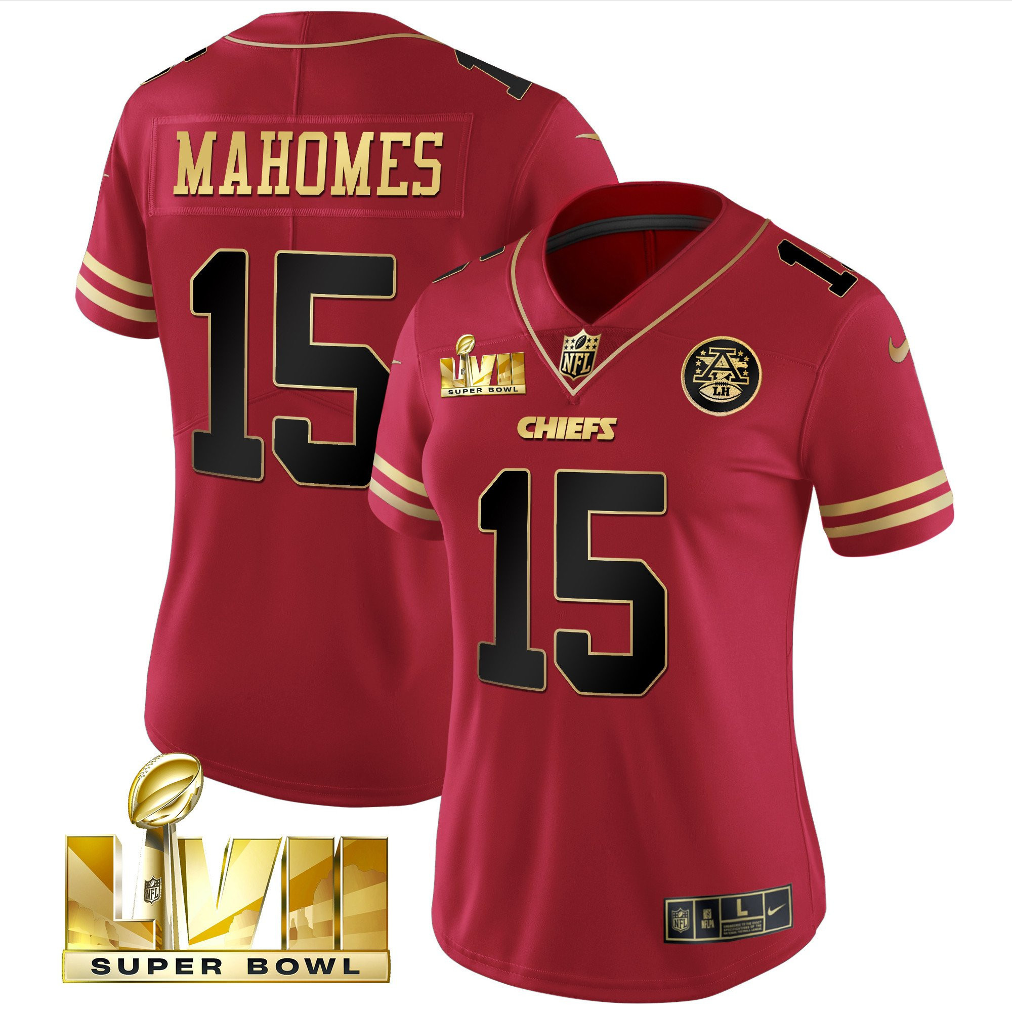 Patrick Mahomes Women's Kansas City Chiefs Super Bowl LVII Red Gold Vapor Black Red Jersey - All Stitched