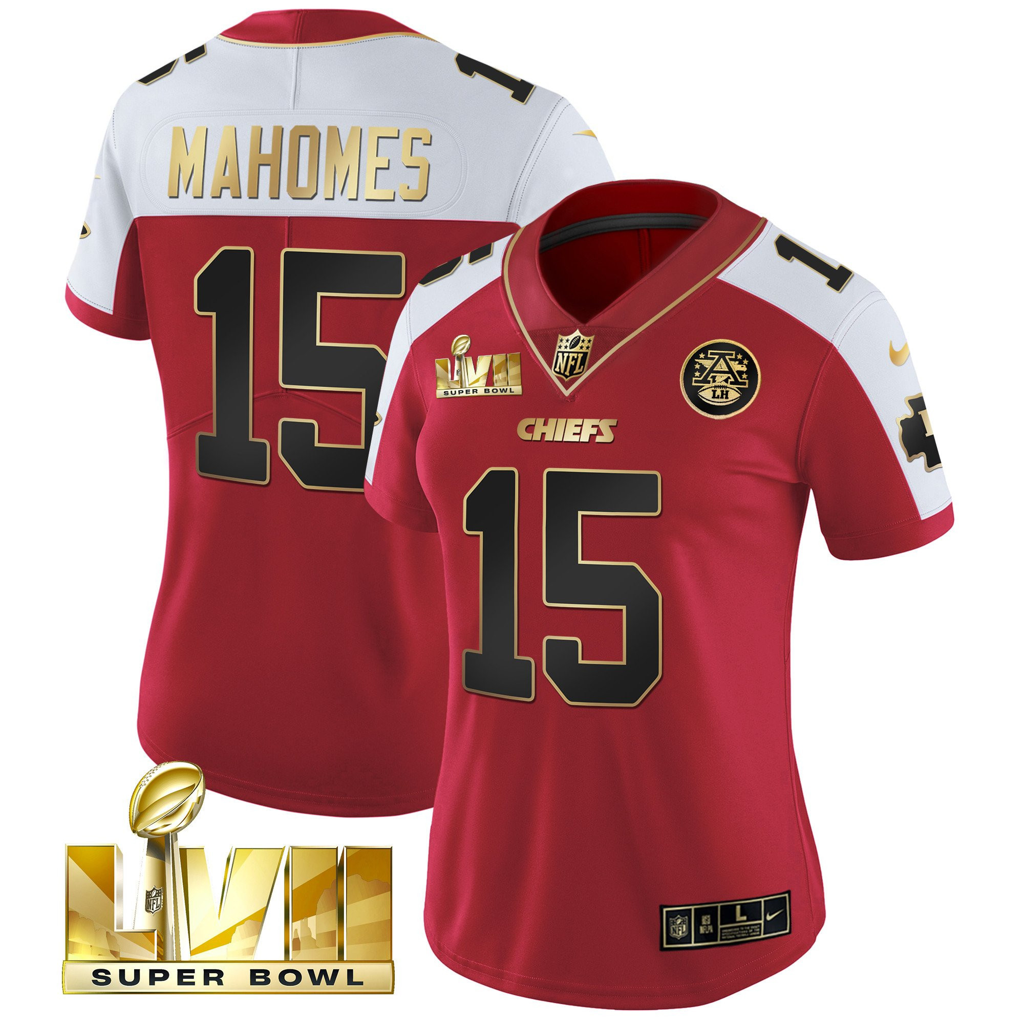Patrick Mahomes Women's Kansas City Chiefs Super Bowl LVII Red Gold Vapor Red Alternate Jersey - All Stitched