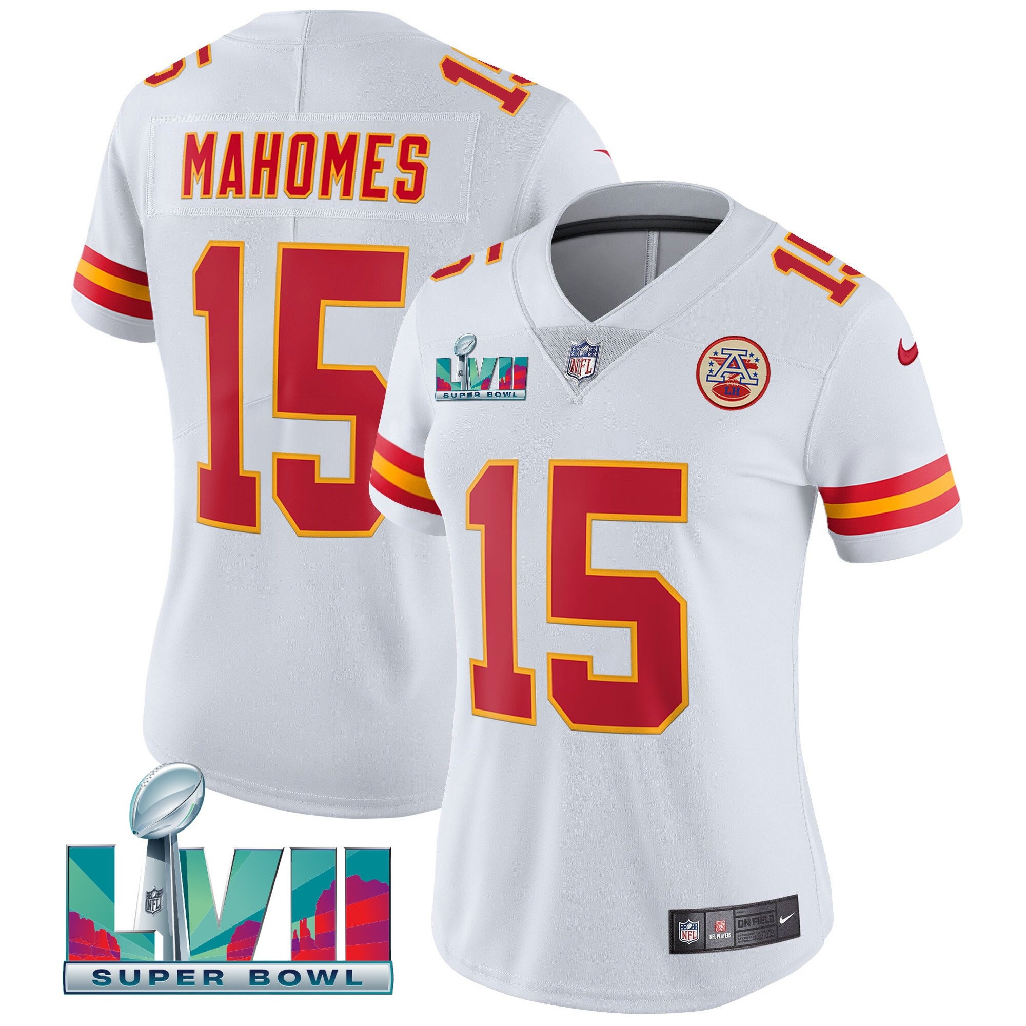 Patrick Mahomes Women's Kansas City Chiefs Super Bowl LVII Red Gold Vapor White Jersey - All Stitched