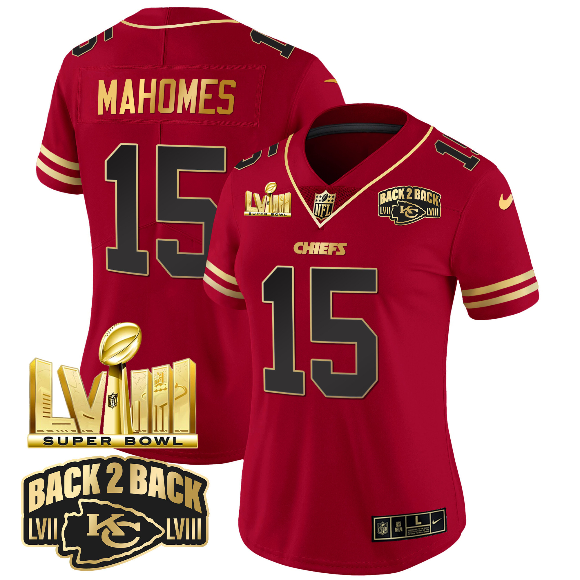 Patrick Mahomes Women's Kansas City Chiefs Super Bowl LVIII & Back 2 Back Gold Patch Vapor Black Red Jersey - All Stitched