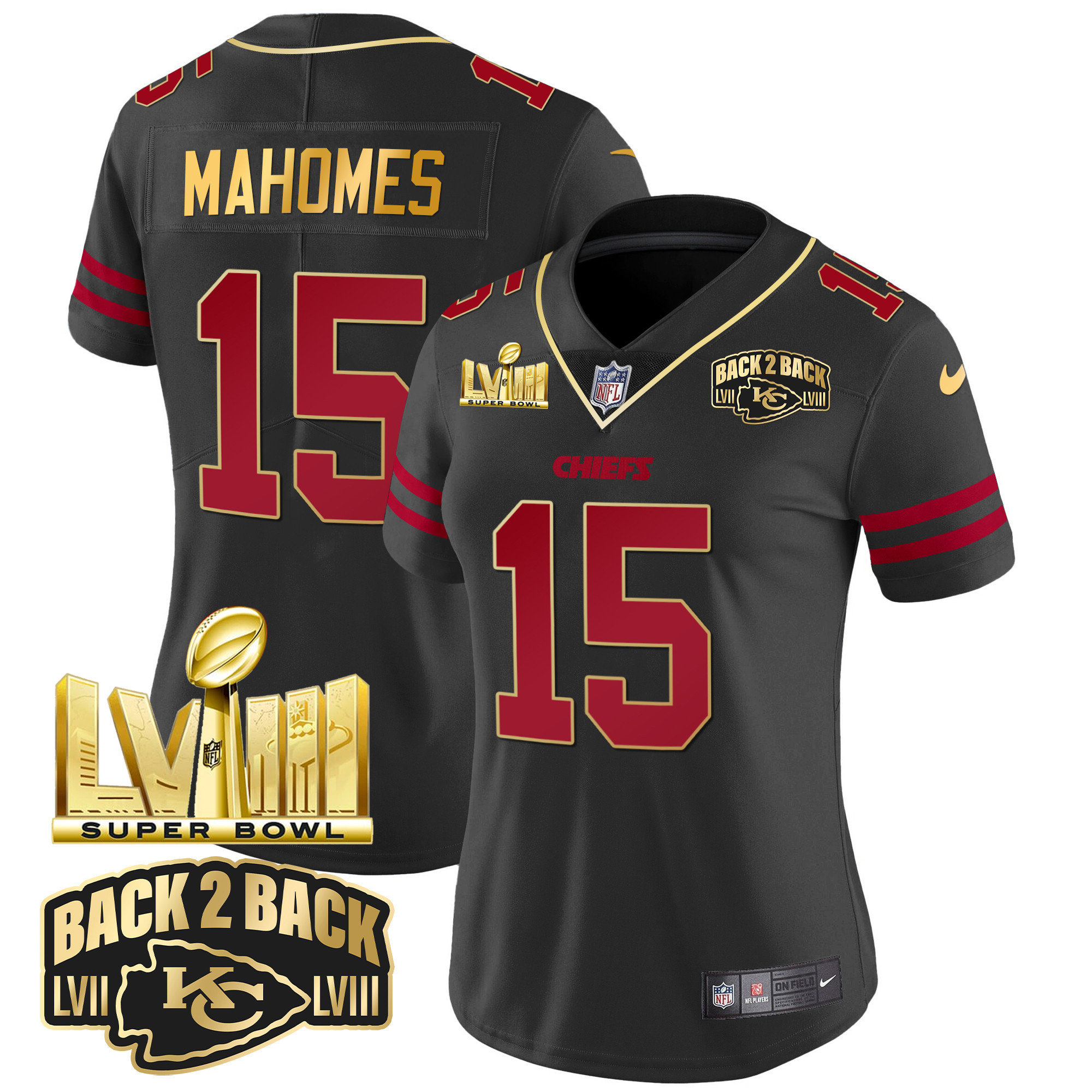 Patrick Mahomes Women's Kansas City Chiefs Super Bowl LVIII & Back 2 Back Gold Patch Vapor Gold Trim Jersey - All Stitched