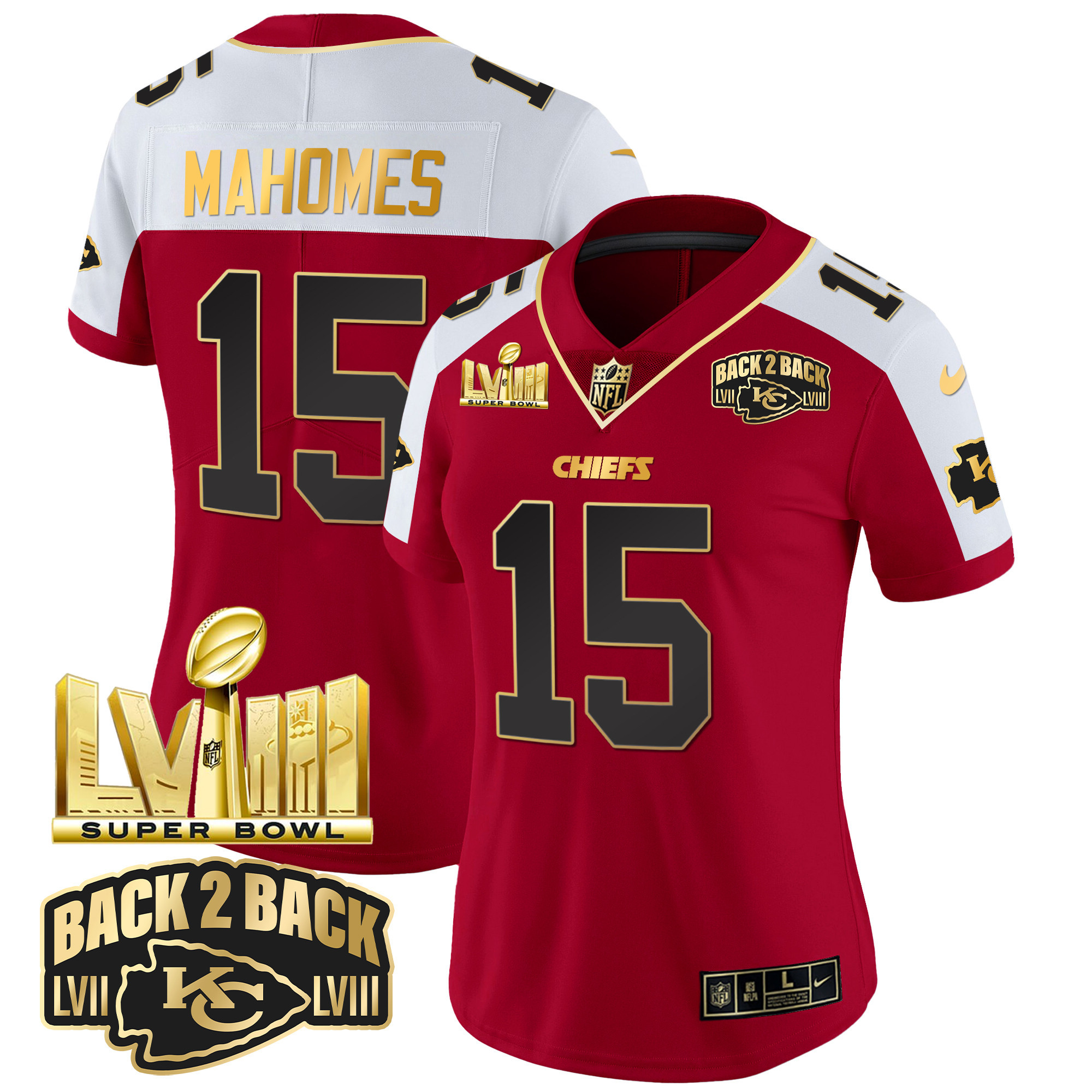 Patrick Mahomes Women's Kansas City Chiefs Super Bowl LVIII & Back 2 Back Gold Patch Vapor Red Alternate Jersey - All Stitched