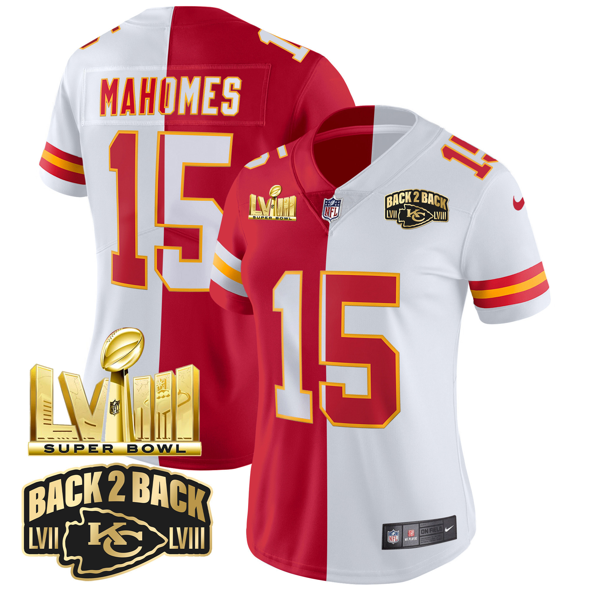 Patrick Mahomes Women's Kansas City Chiefs Super Bowl LVIII & Back 2 Back Gold Patch Vapor Split Jersey - All Stitched