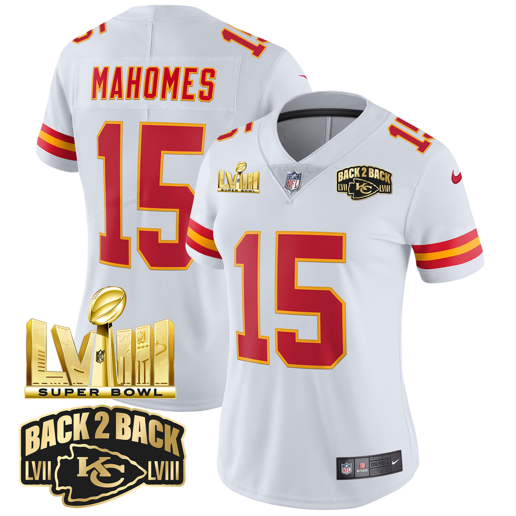 Patrick Mahomes Women's Kansas City Chiefs Super Bowl LVIII & Back 2 Back Gold Patch Vapor White Jersey - All Stitched