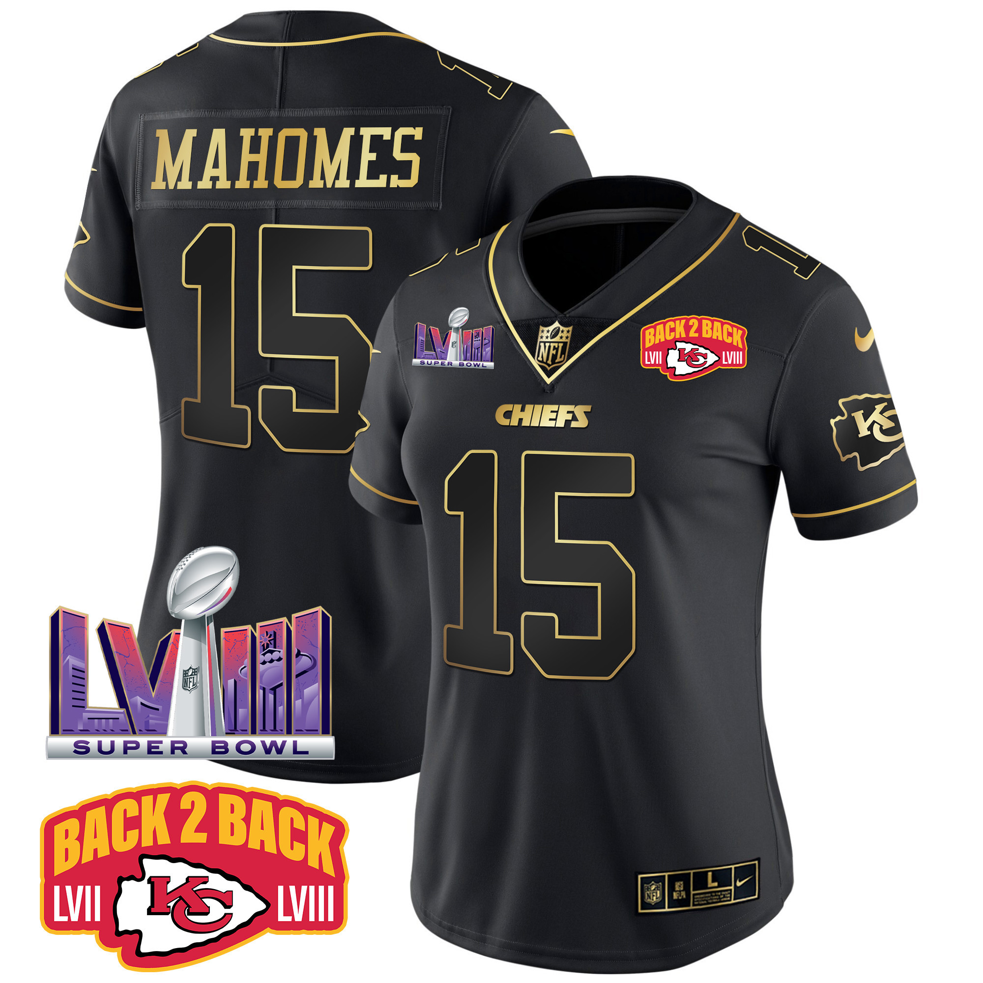 Patrick Mahomes Women's Kansas City Chiefs Super Bowl LVIII & Back 2 Back Patch Vapor Black Gold Jersey - All Stitched
