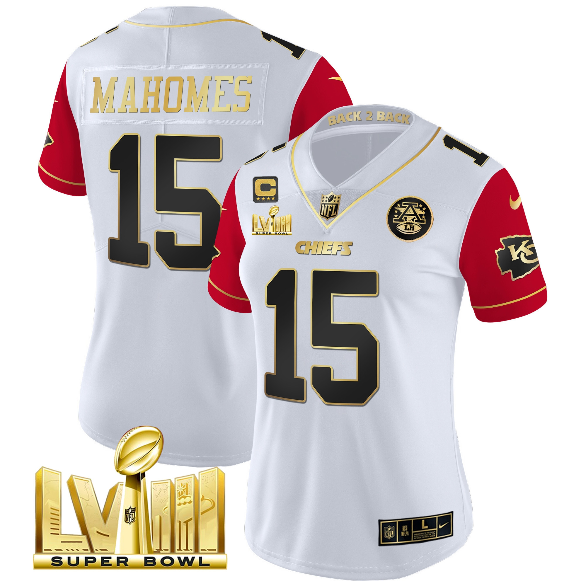 Patrick Mahomes Women's Kansas City Chiefs Super Bowl LVIII & Back 2 Back Patch Vapor Color Sleeves Jersey - All Stitched