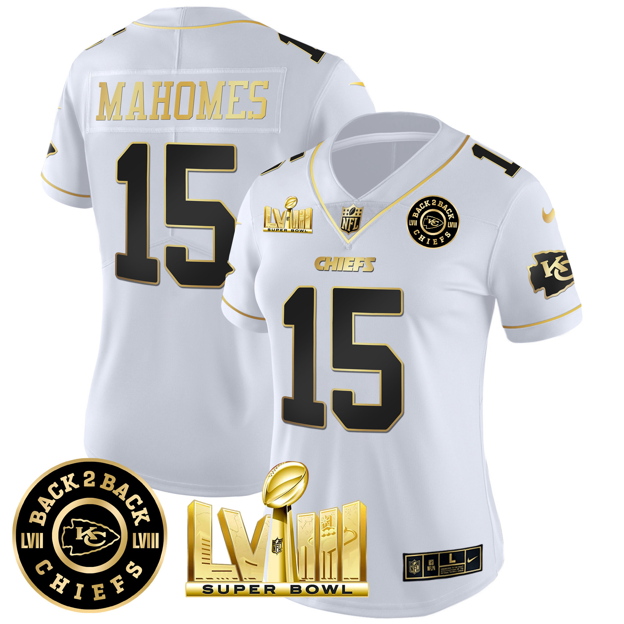 Patrick Mahomes Women's Kansas City Chiefs Super Bowl LVIII & Back 2 Back Patch Vapor White Gold Jersey - All Stitched