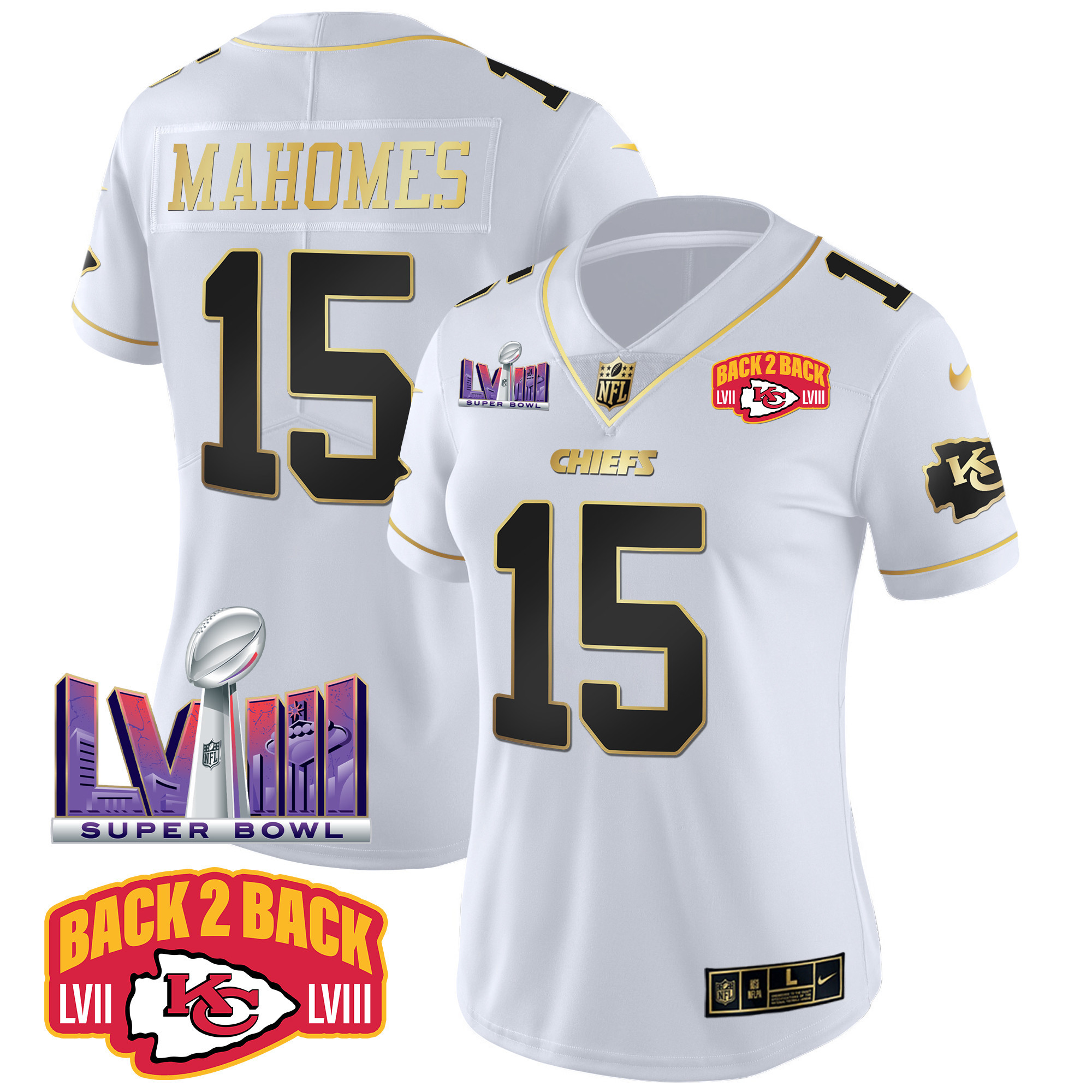 Patrick Mahomes Women's Kansas City Chiefs Super Bowl LVIII & Back 2 Back Patch Vapor White Gold Jersey - All Stitched