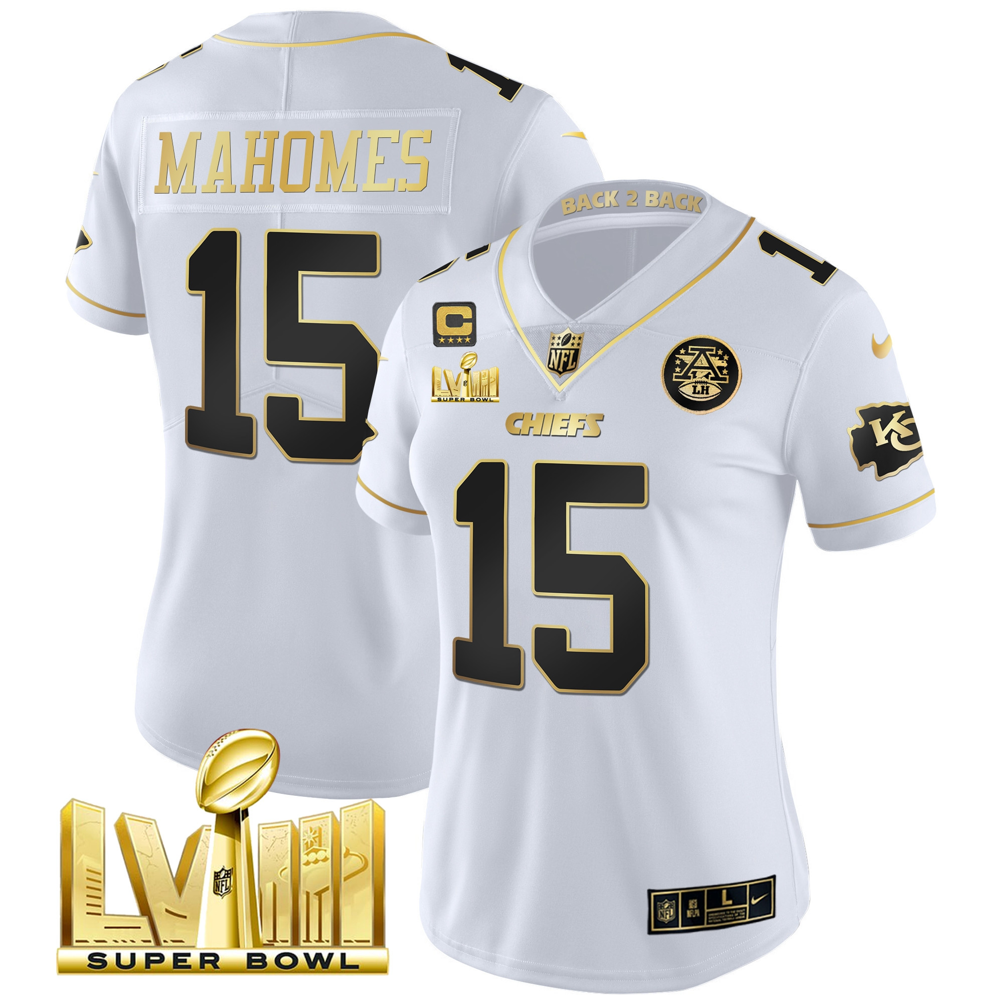 Patrick Mahomes Women's Kansas City Chiefs Super Bowl LVIII & Back 2 Back Patch Vapor White Gold Jersey - All Stitched