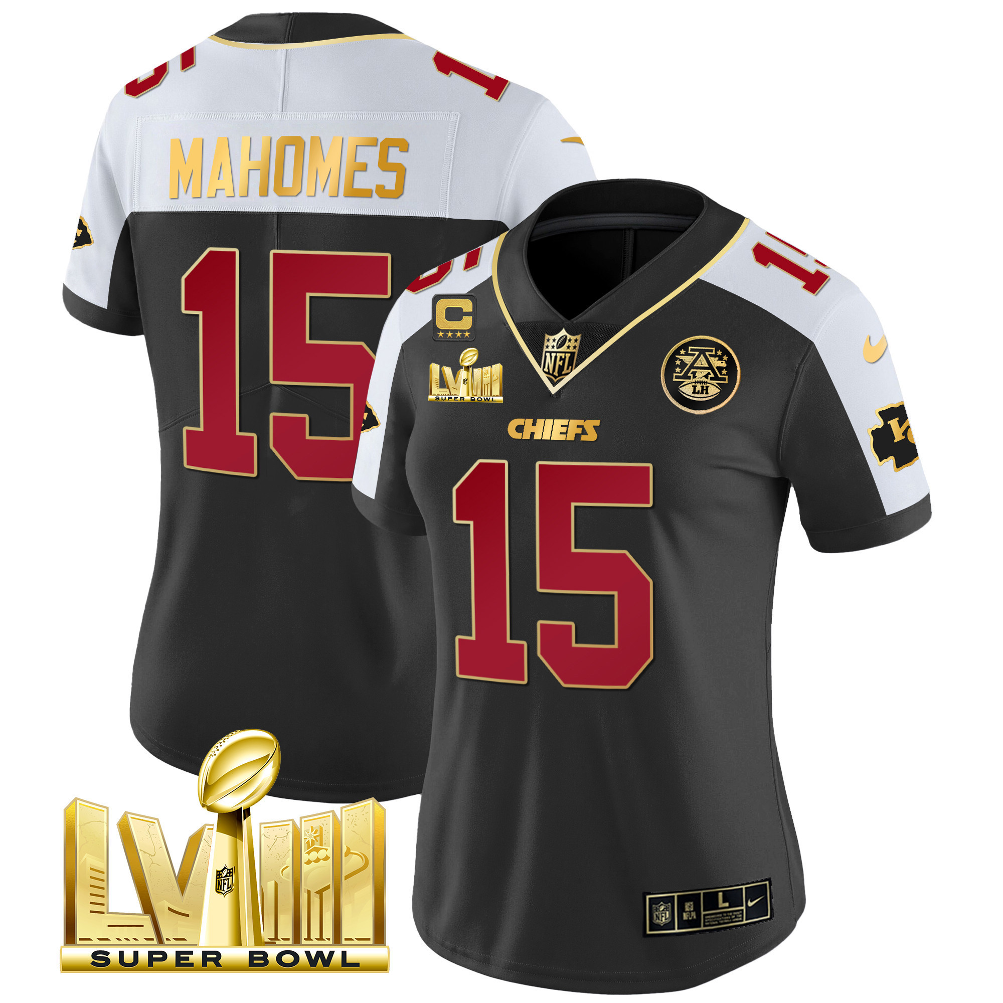 Patrick Mahomes Women's Kansas City Chiefs Super Bowl LVIII Gold Patch Vapor Black Alternate Jersey - All Stitched