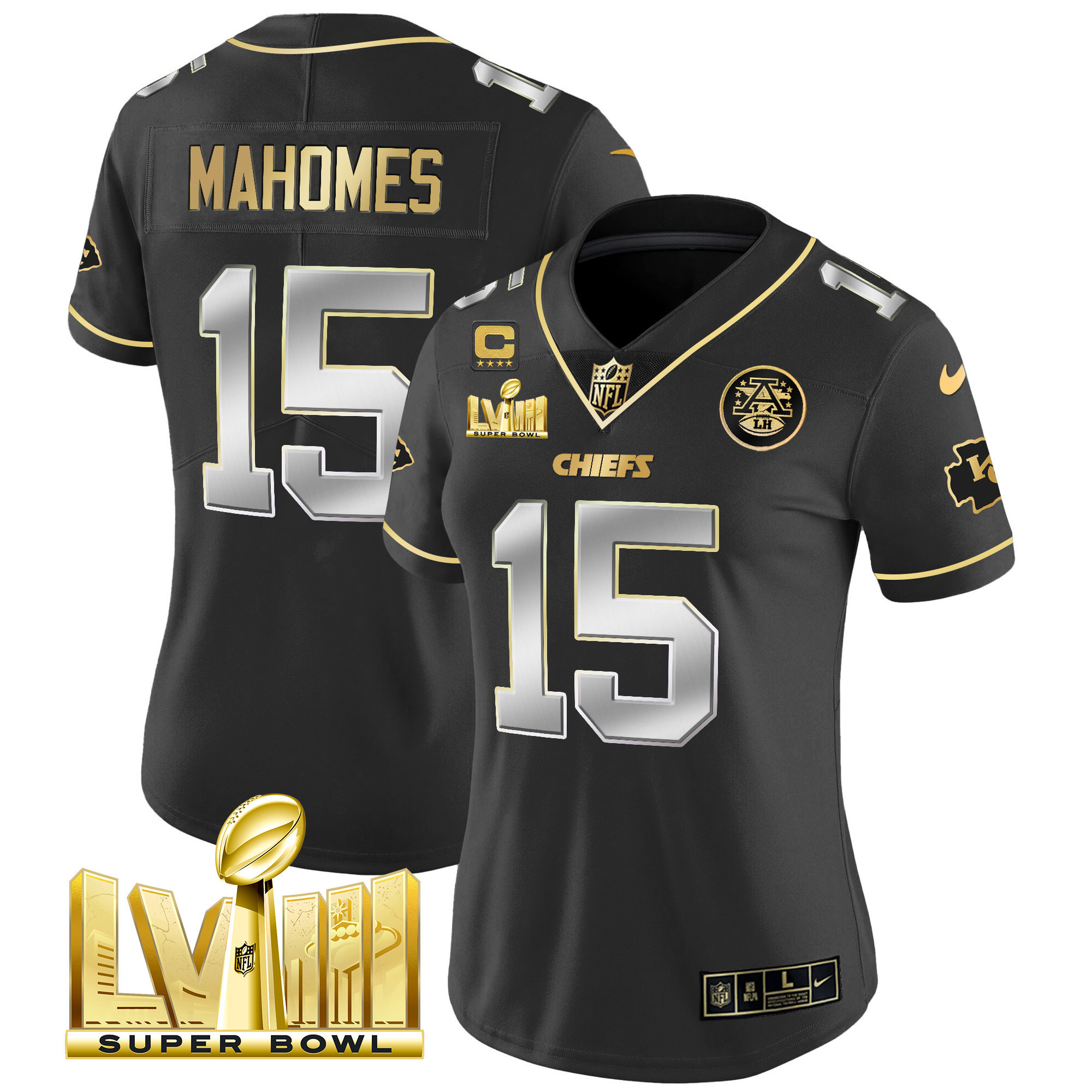 Patrick Mahomes Women's Kansas City Chiefs Super Bowl LVIII Gold Patch Vapor Black Limited Jersey - All Stitched