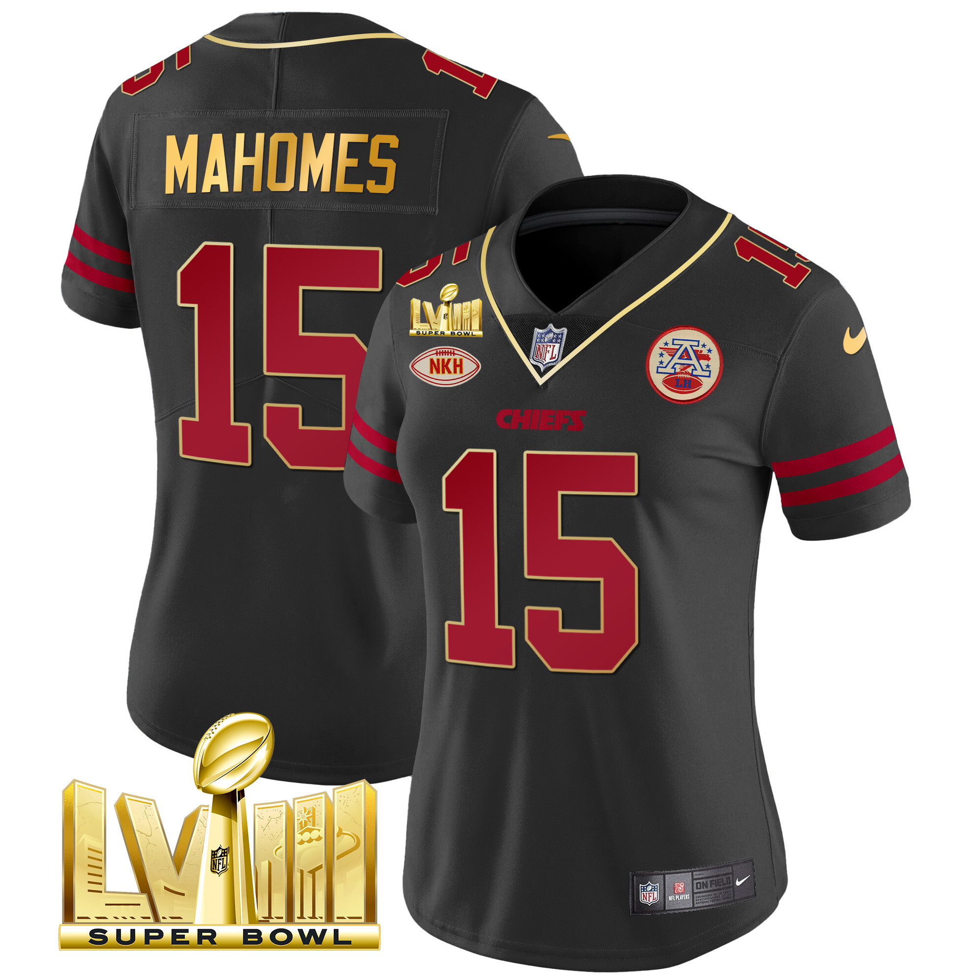 Patrick Mahomes Women's Kansas City Chiefs Super Bowl LVIII Gold Patch Vapor Gold Trim Jersey - All Stitched