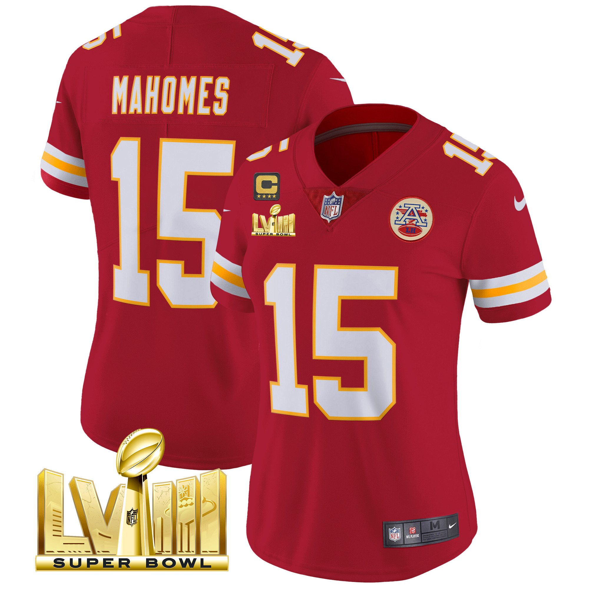 Patrick Mahomes Women's Kansas City Chiefs Super Bowl LVIII Gold Patch Vapor Red Jersey - All Stitched