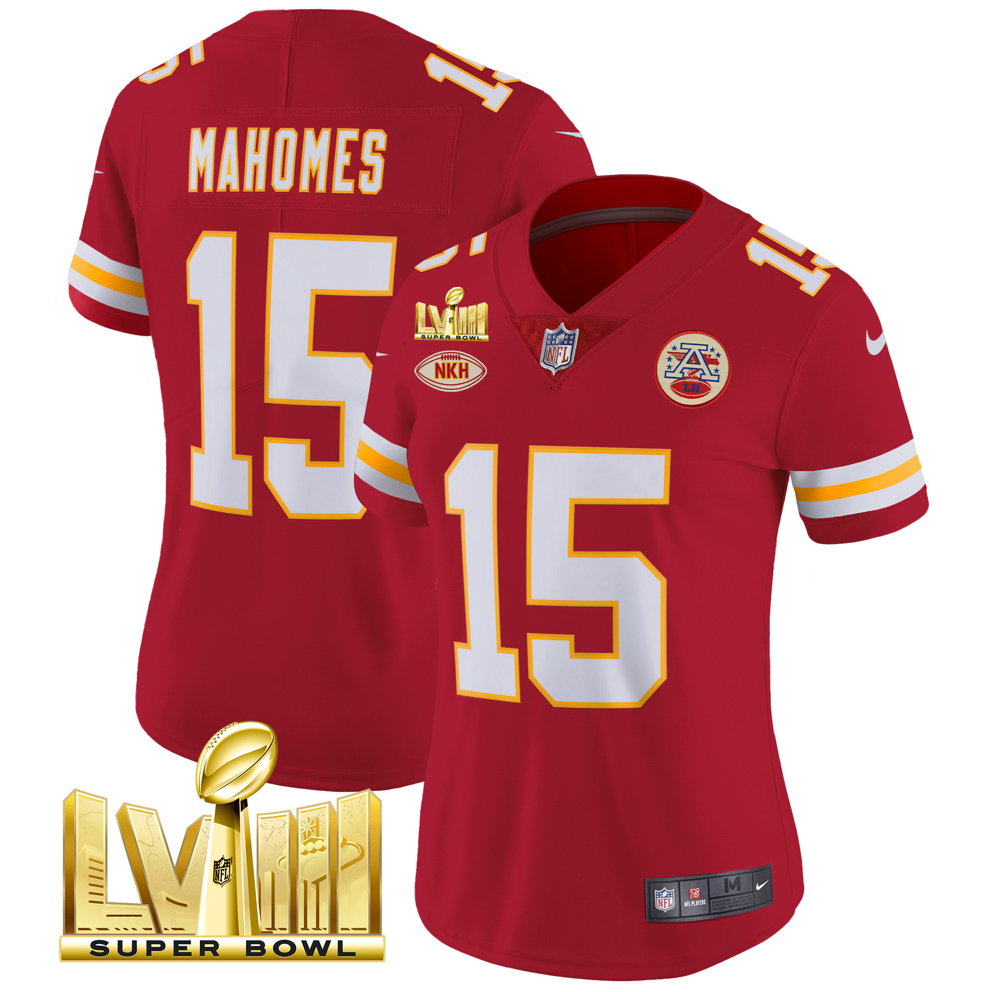 Patrick Mahomes Women's Kansas City Chiefs Super Bowl LVIII Gold Patch Vapor Red Jersey - All Stitched