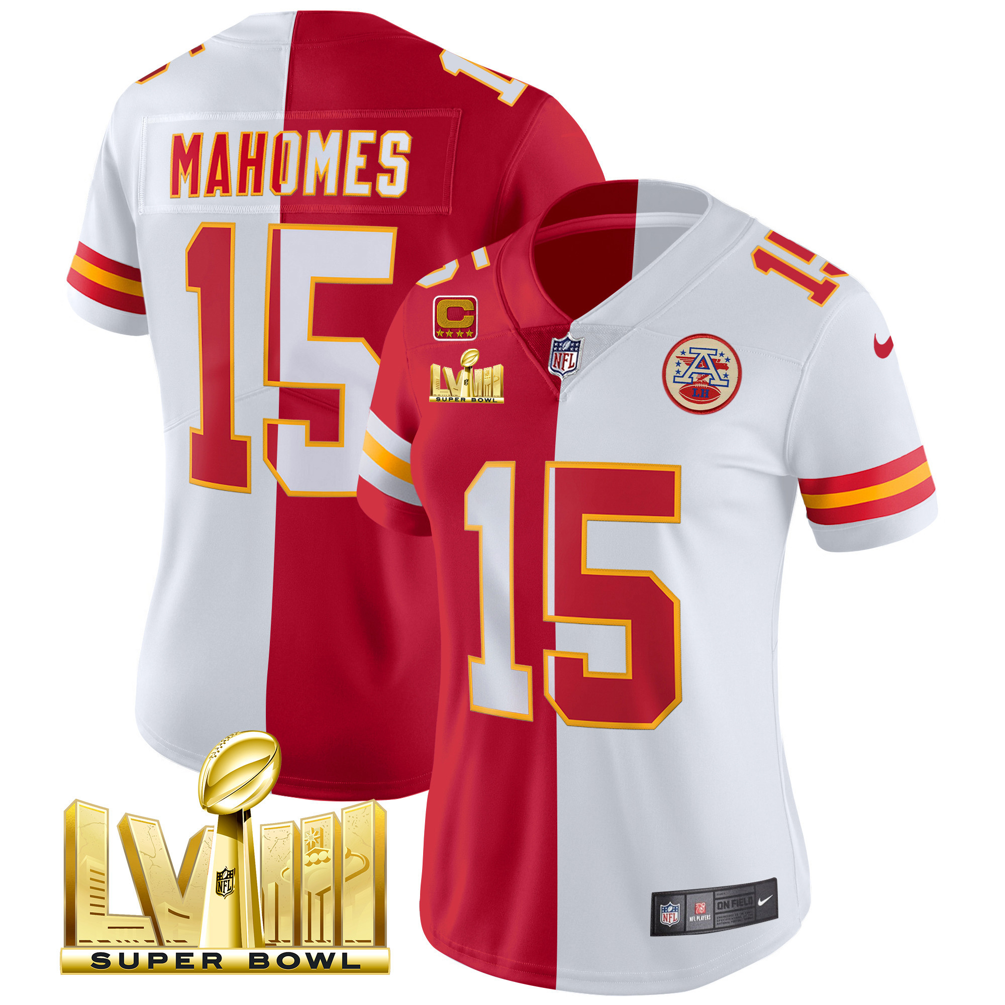 Patrick Mahomes Women's Kansas City Chiefs Super Bowl LVIII Gold Patch Vapor Split Jersey - All Stitched