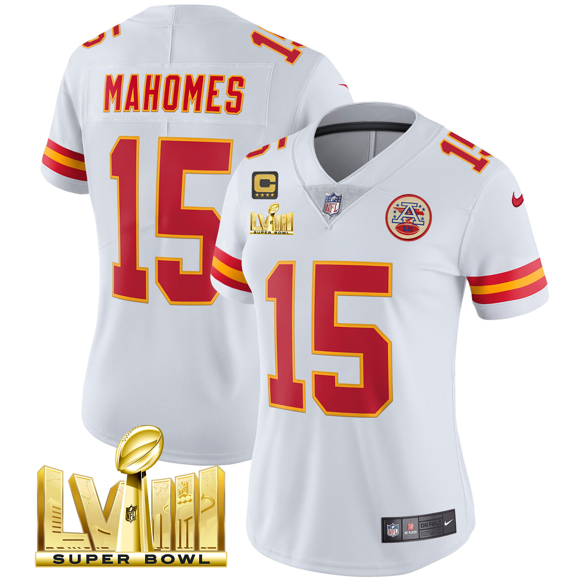 Patrick Mahomes Women's Kansas City Chiefs Super Bowl LVIII Gold Patch Vapor White Jersey - All Stitched