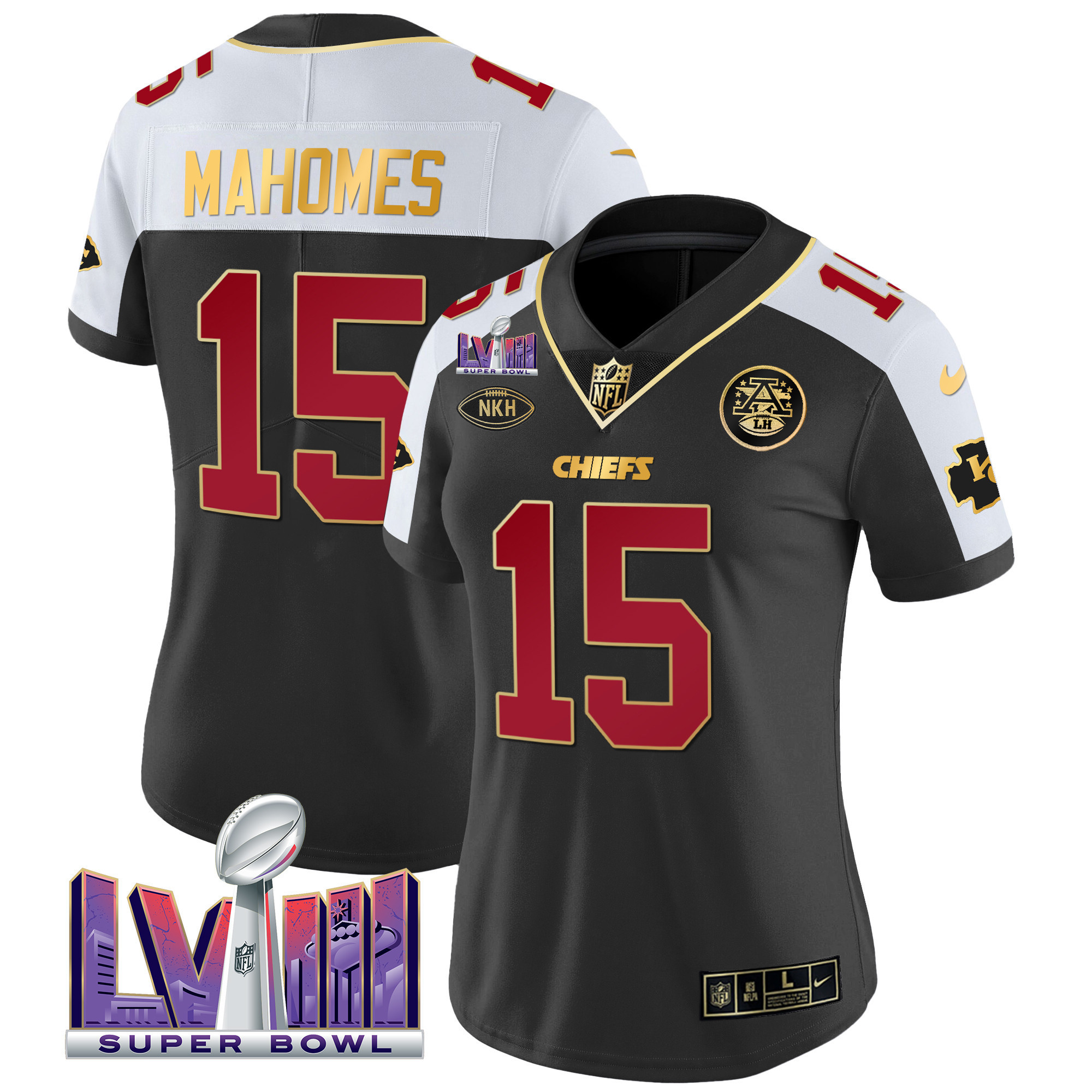 Patrick Mahomes Women's Kansas City Chiefs Super Bowl LVIII Patch Vapor Black Alternate Jersey - All Stitched